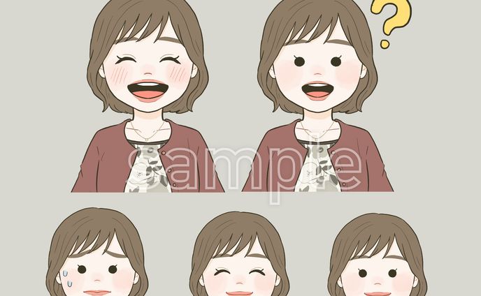 女性表情パターンイラスト
