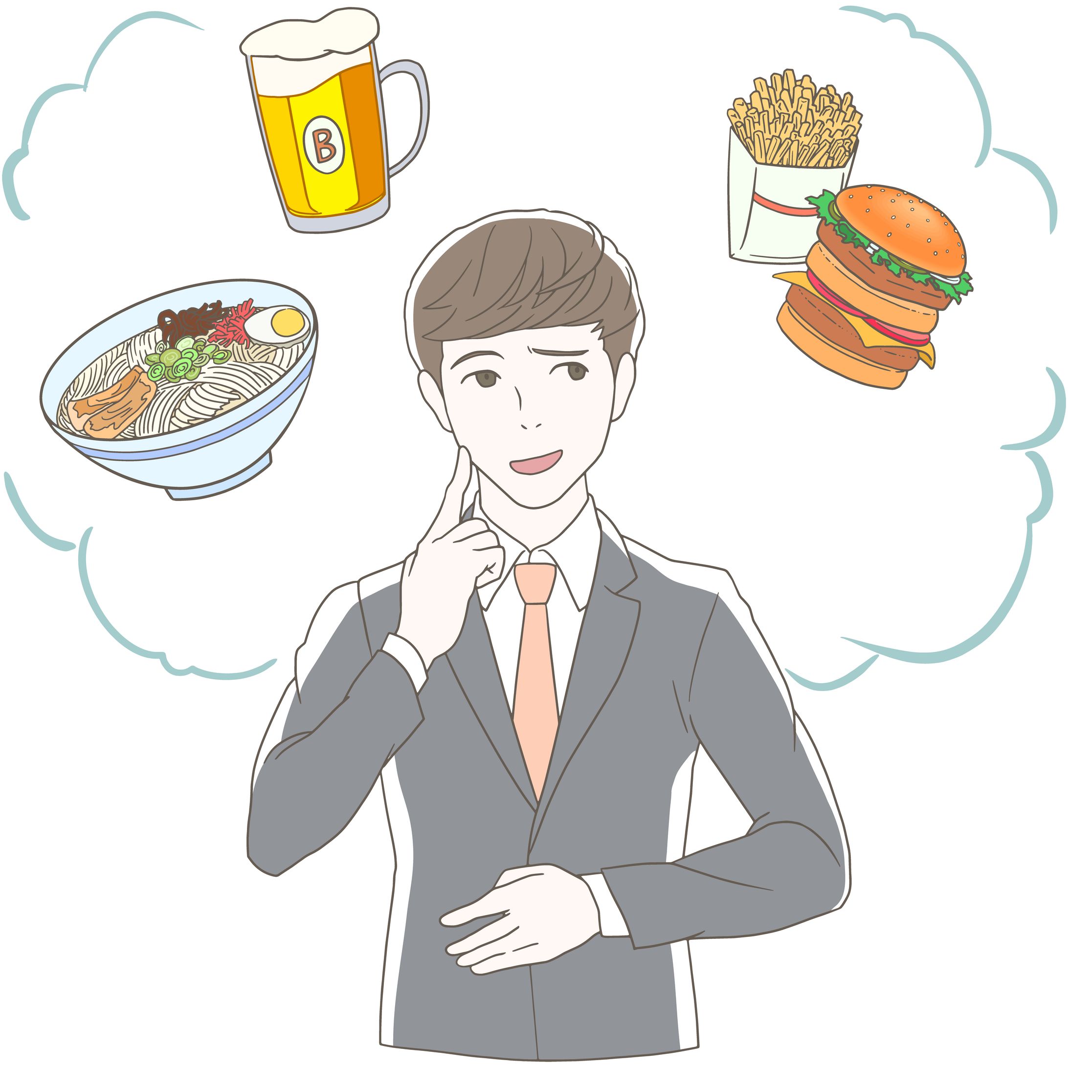 飲み過ぎ食べ過ぎに気を配る男_困り顔_ジャンクフード-1