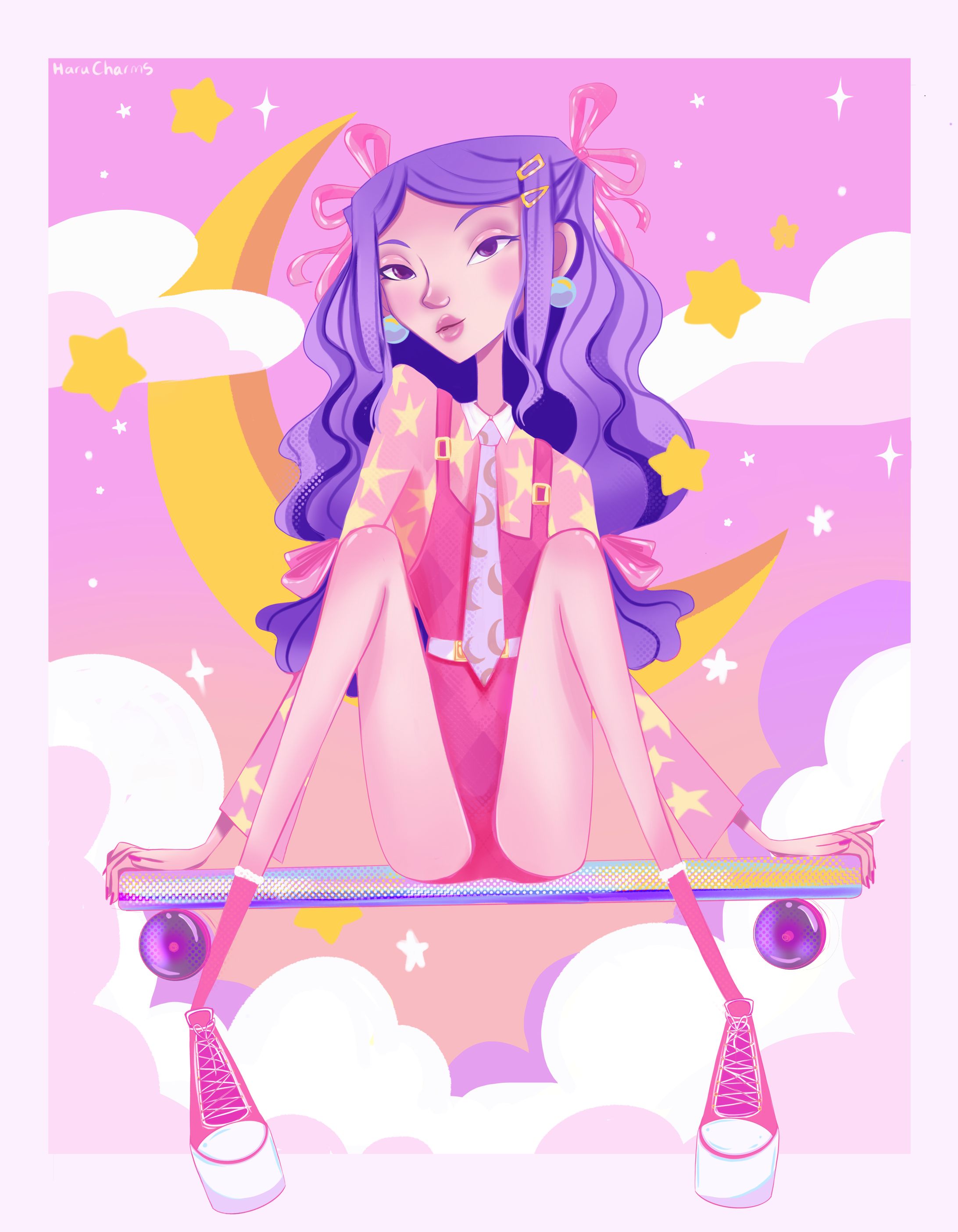 Kawaii purple hair pink skater girl full art print -1