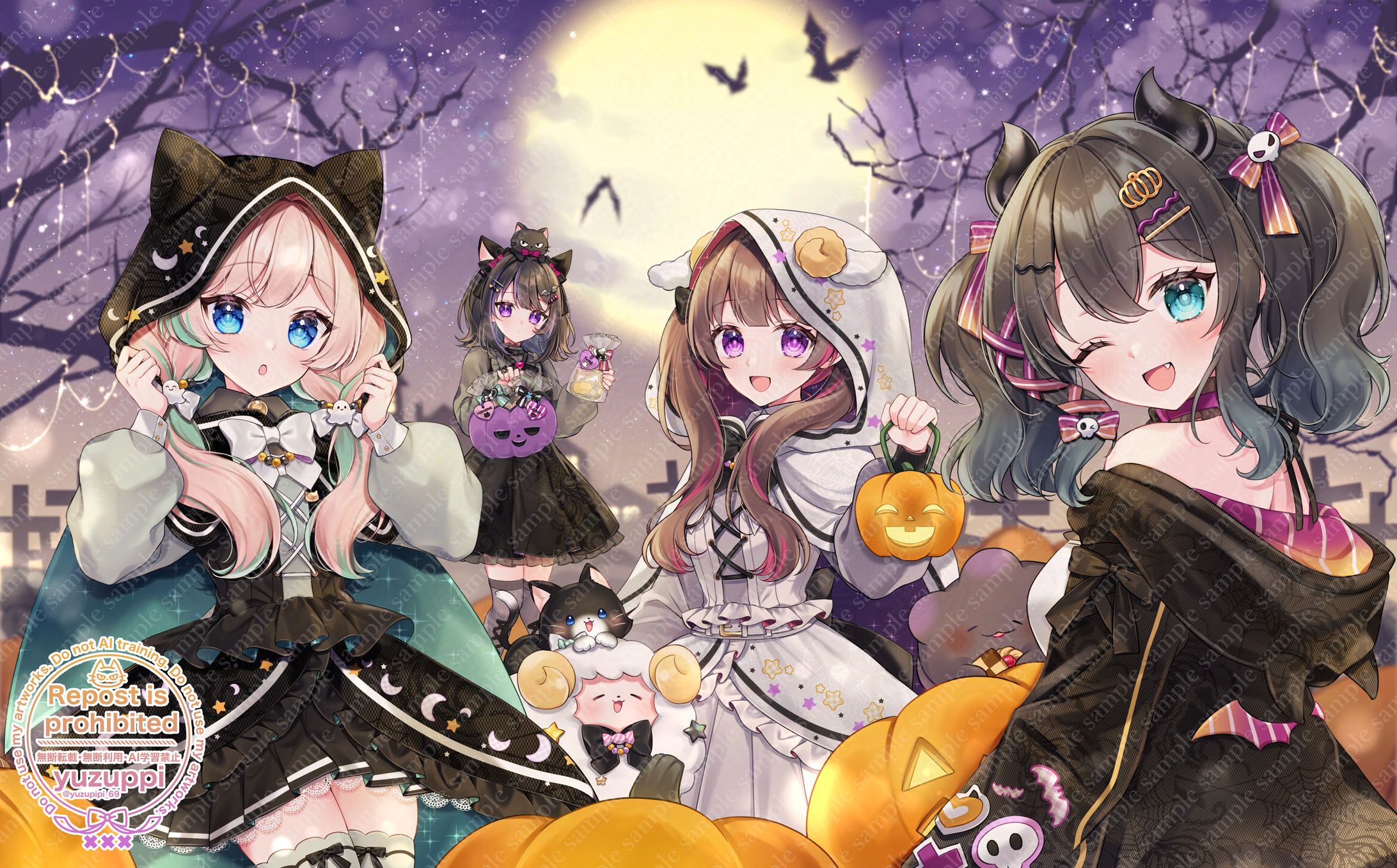 【ご依頼】瑠璃蝶様より、叶守ユメ様・黒百合ももね様・うにくもゆがみ様ハロウィンイラスト-1