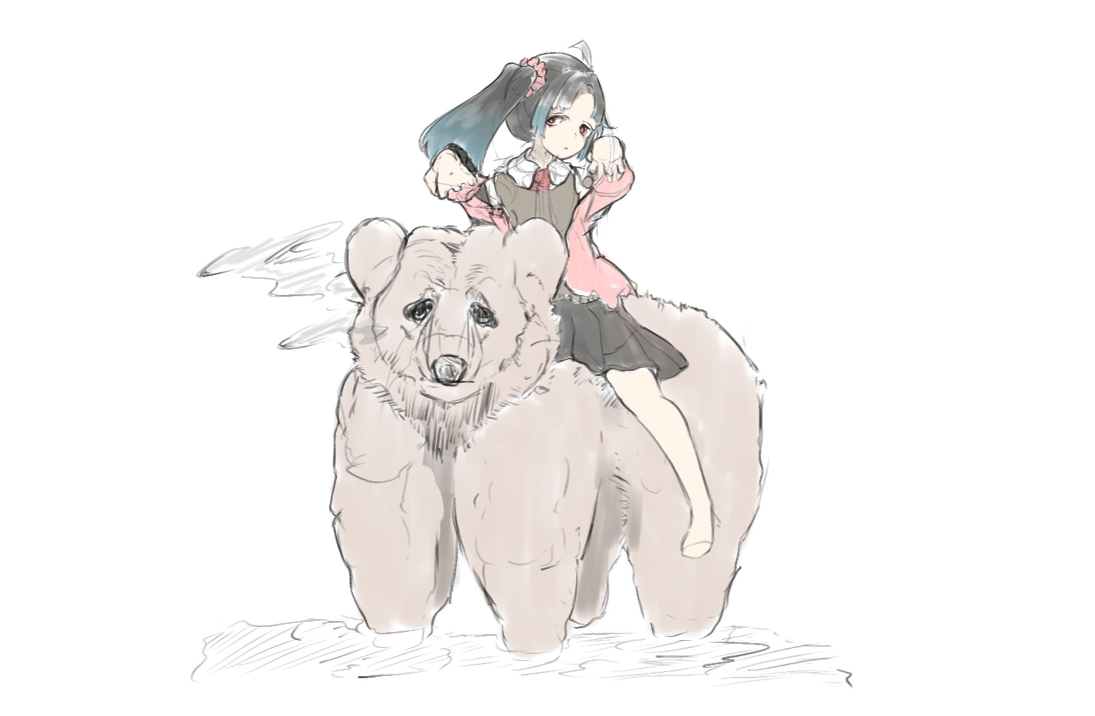 少女ほろめぐが太い熊に乗ってるラフ絵-1