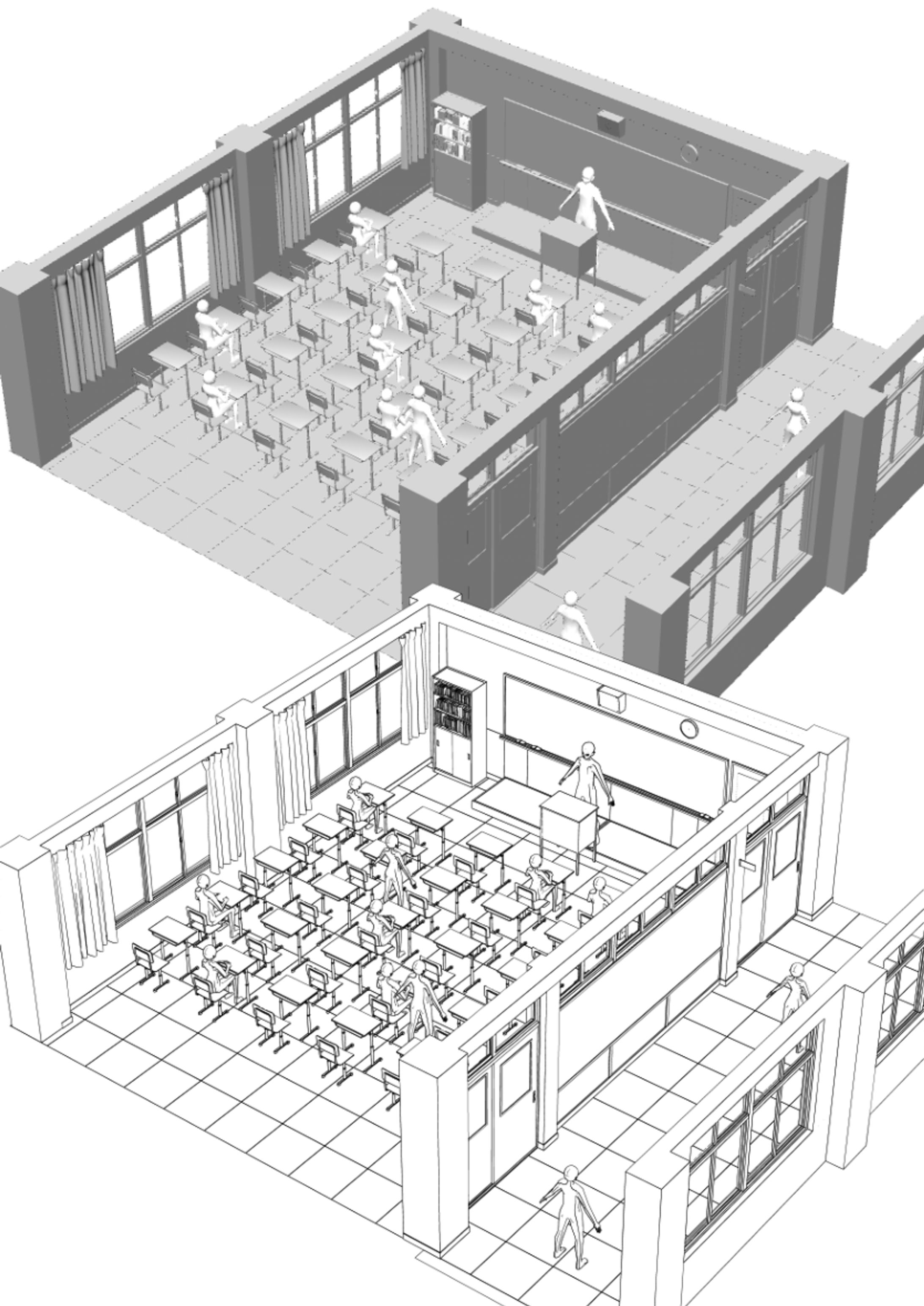 「教室と廊下」漫画背景用3Dモデル-1