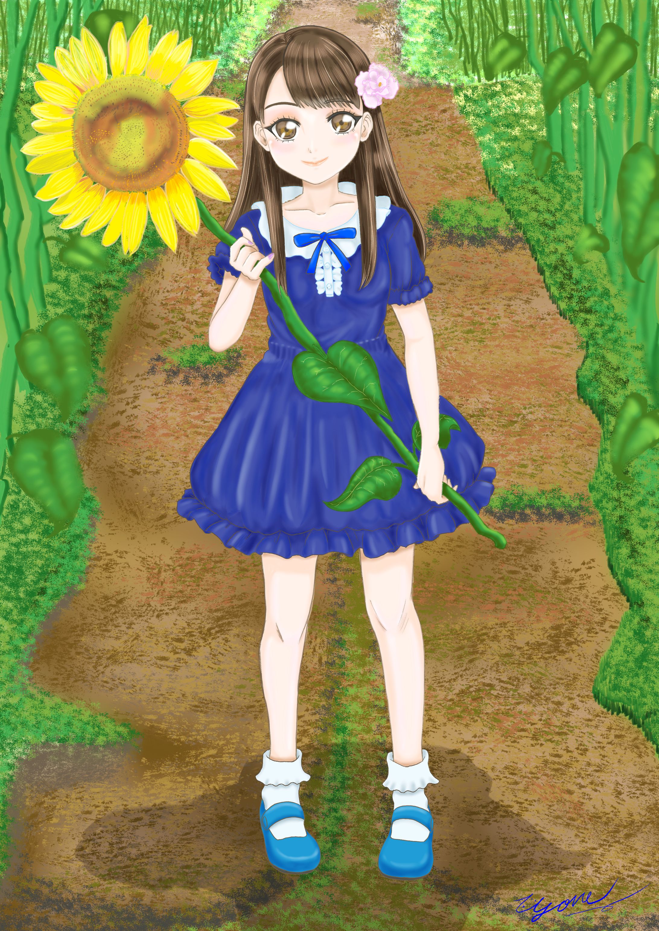 ひまわり畑と女の子-1