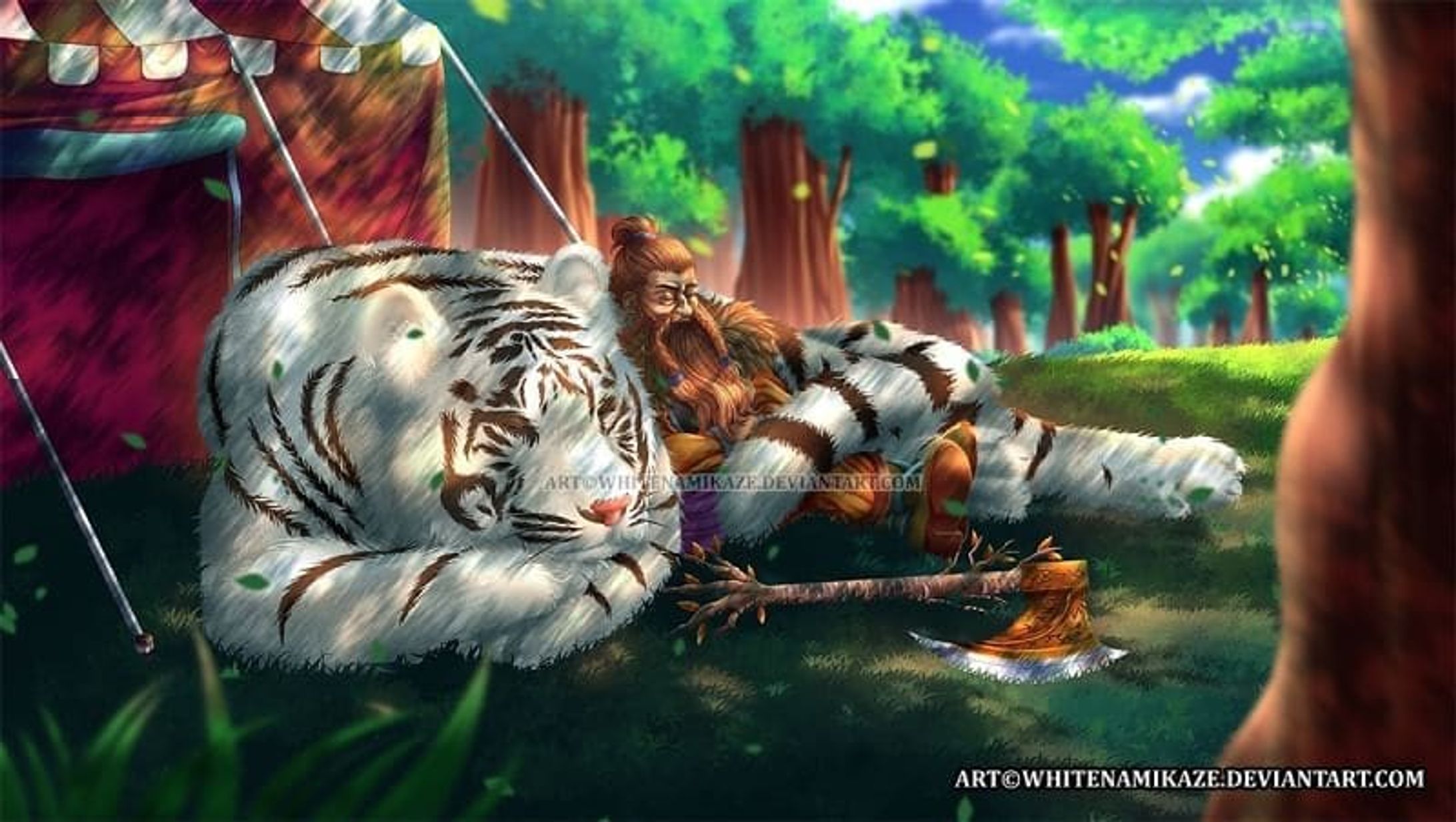 Commission for Tyler on Discord
Jeb and his best friend the Siberian Tiger, Turtle, take a quick cat nap before their circus performance.
please check out their Podcast :
https://www.mnmaxed.com/extinction-curse

DeviantArt : http://fav.me/887562003

Pixiv : https://www.pixiv.net/en/artworks/91677894

COMMISSION OPEN : http://fav.me/d8qyc2q

#Digital2D #Illustration #EnvironmentalConceptArtDesign #AnimeManga #Anime #digital #commissionopen #whitenamikaze #art #originalcharacter #Tiger #Dwarf #forest #sleeping #circustent #siberiantiger #bakcground #axe #trees-1