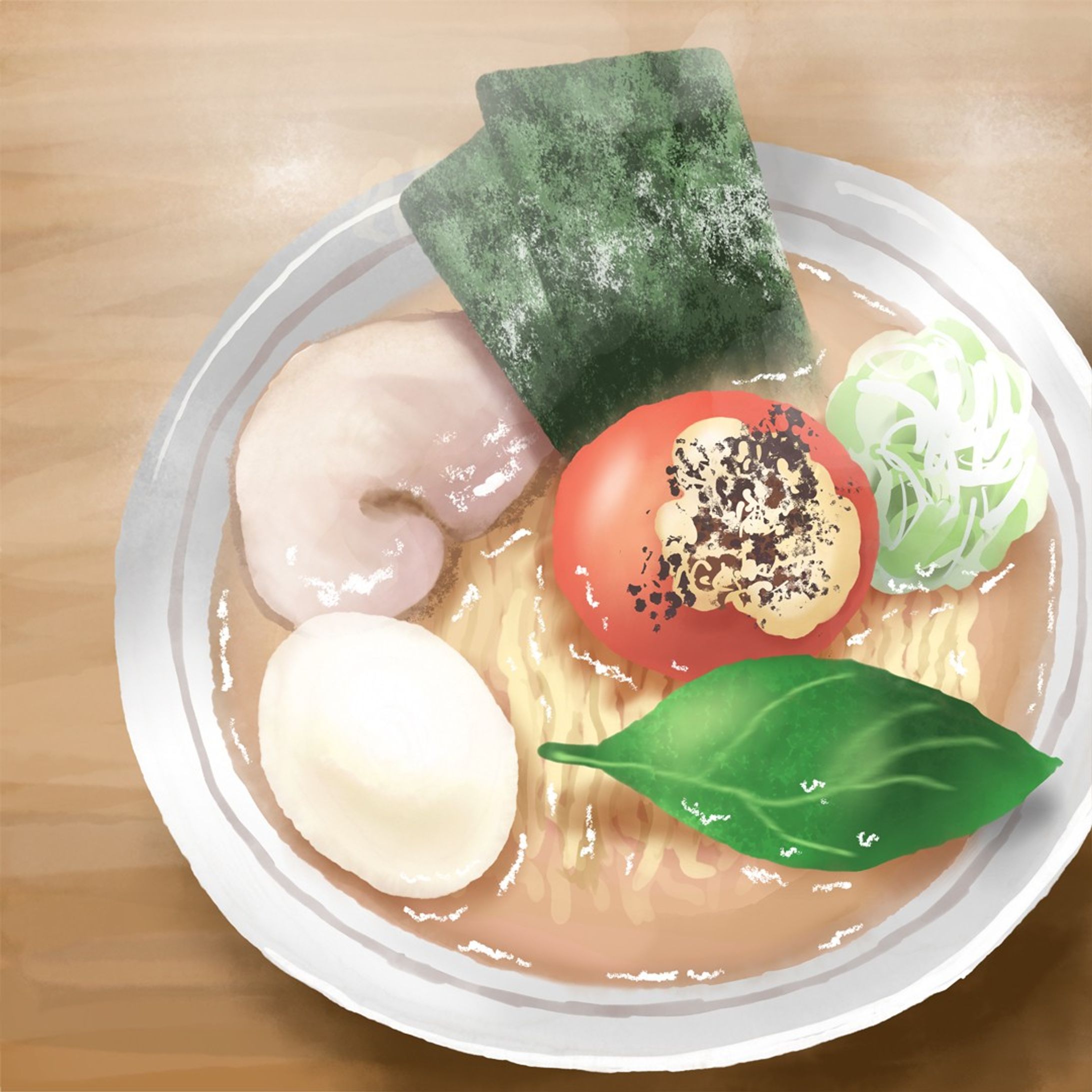 ＼食べ物の手描きイラストに挑戦シリーズ／
行きつけのラーメン屋 「らーめん能登山」の三大お気に入りラーメン
②7月限定のトマトチーズラーメン！
ポタージュ系スープにトマトの酸味！
焦がしチーズの香ばしいこってり感！
バジルとニンニクの香りのアクセント！
〆に白飯入れてチーズリゾット！
トマト丸ごと1個とかいうトマト好き大歓喜のラーメンでした！
トマトとチーズってなんでこんな合うんでしょう・・！！
歯を痛めたりして結局2回しか食べられなかった・・またやってほしい・・なんならレギュラーメニューにしてほしい・・(切実.
.
#イラスト #illustration #手描き #デザイン #design #アート #art #ラーメン #らーめん #らーめん能登山 #adobefresco #fresco #イラストレーター #illustrator
#イラストレーターさんと繋がりたい-1