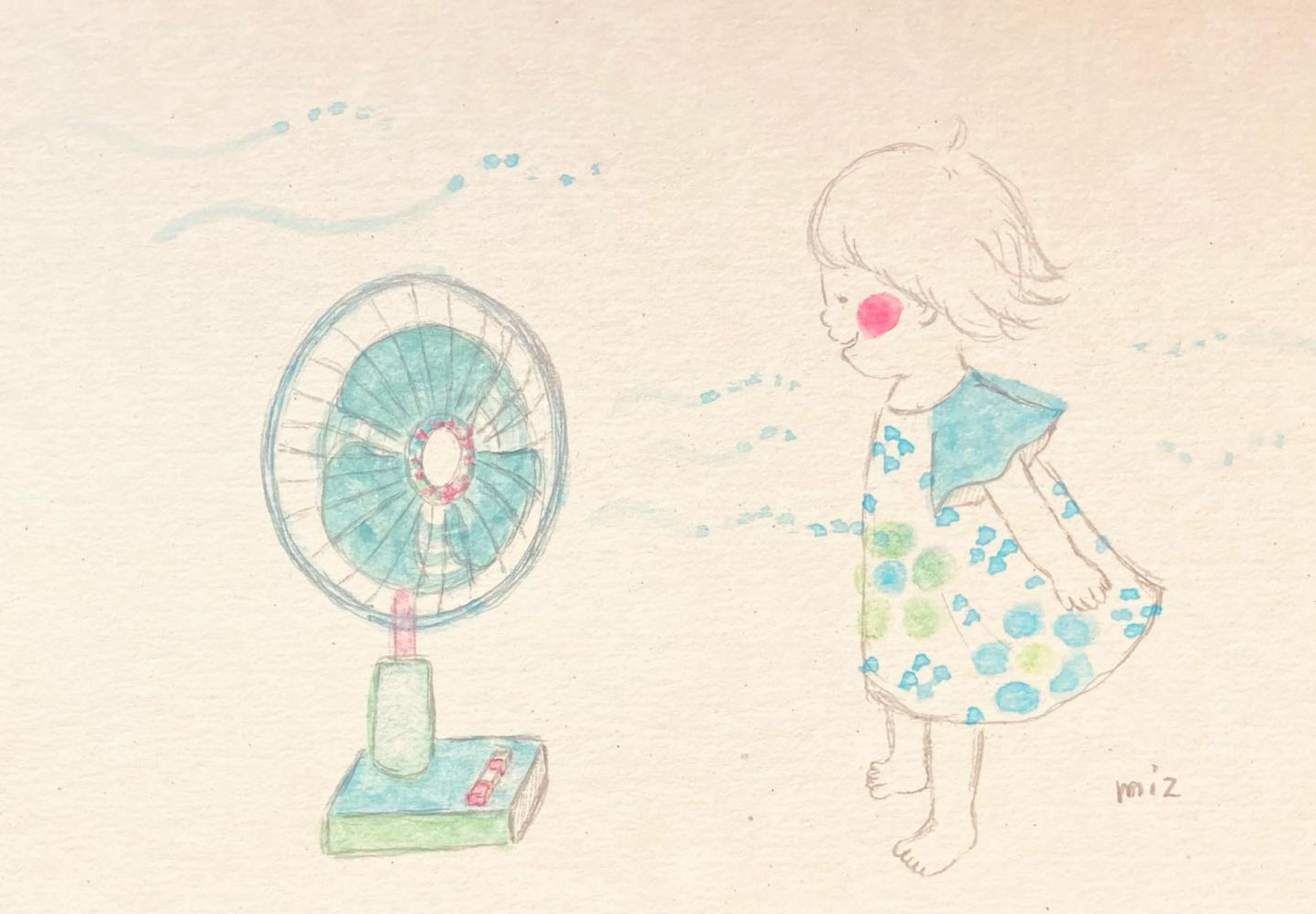 「扇風機と女の子」使用画材:シャーペン、水彩、アクリル絵の具-1