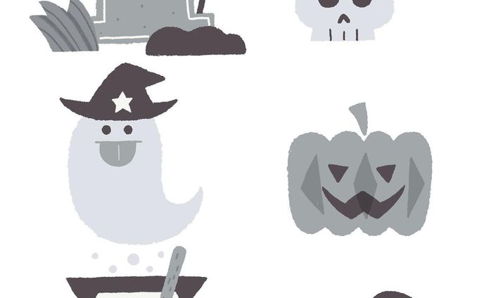 カットイラストを想定したモノクロのハロウィンイラスト

#adobephotoshop #digitalillustration 
#halloween #monochrome 
#jackolantern #bat #ghost 
#autumn #october 
#artwork #1日1絵 
#ハロウィン #イラストレーター 
#高井じゅり #いらすとぐらむ 
#モノクロ #白黒イラスト