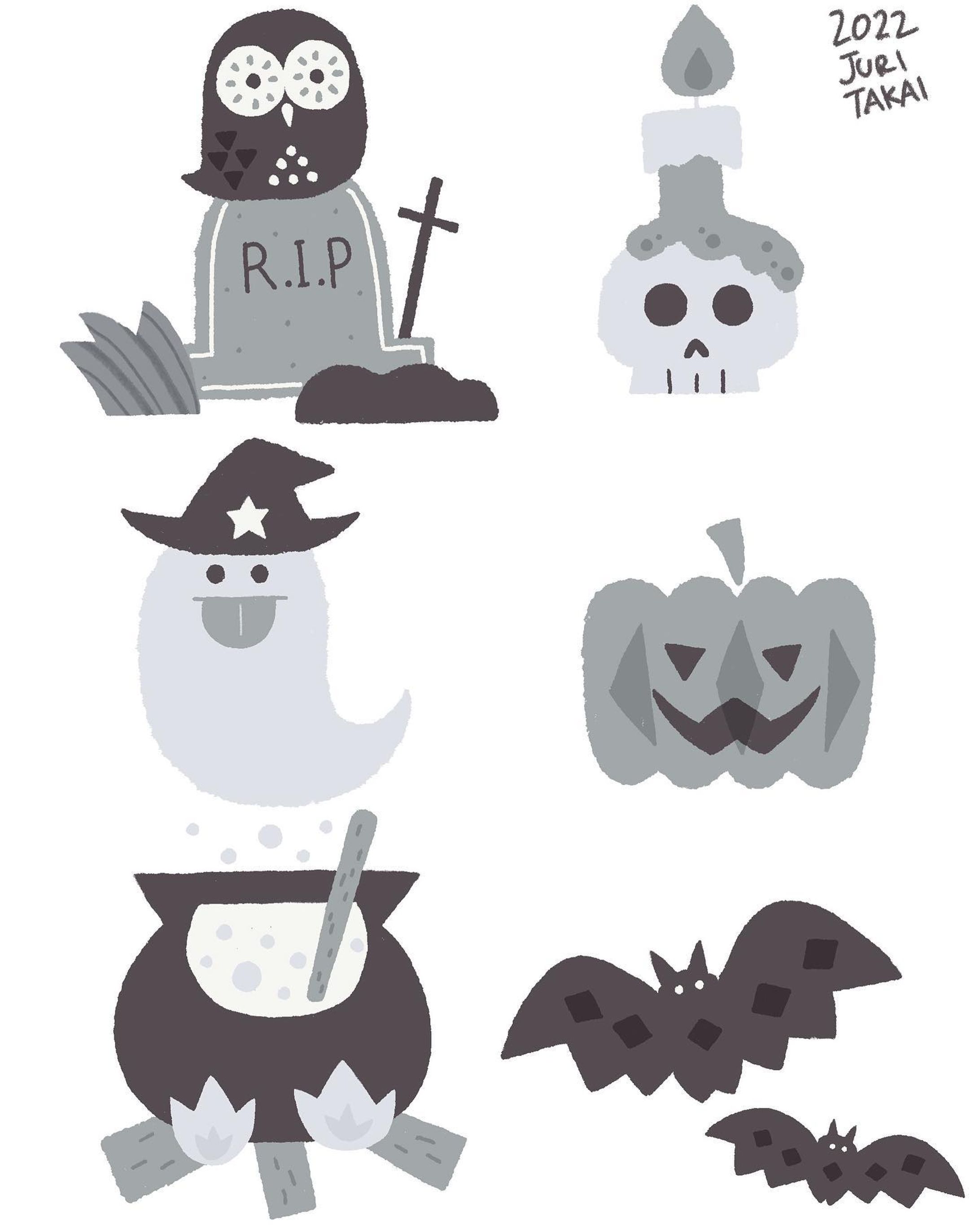 カットイラストを想定したモノクロのハロウィンイラスト

#adobephotoshop #digitalillustration 
#halloween #monochrome 
#jackolantern #bat #ghost 
#autumn #october 
#artwork #1日1絵 
#ハロウィン #イラストレーター 
#高井じゅり #いらすとぐらむ 
#モノクロ #白黒イラスト-1