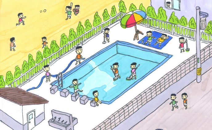 プール開き準備をする少年たち