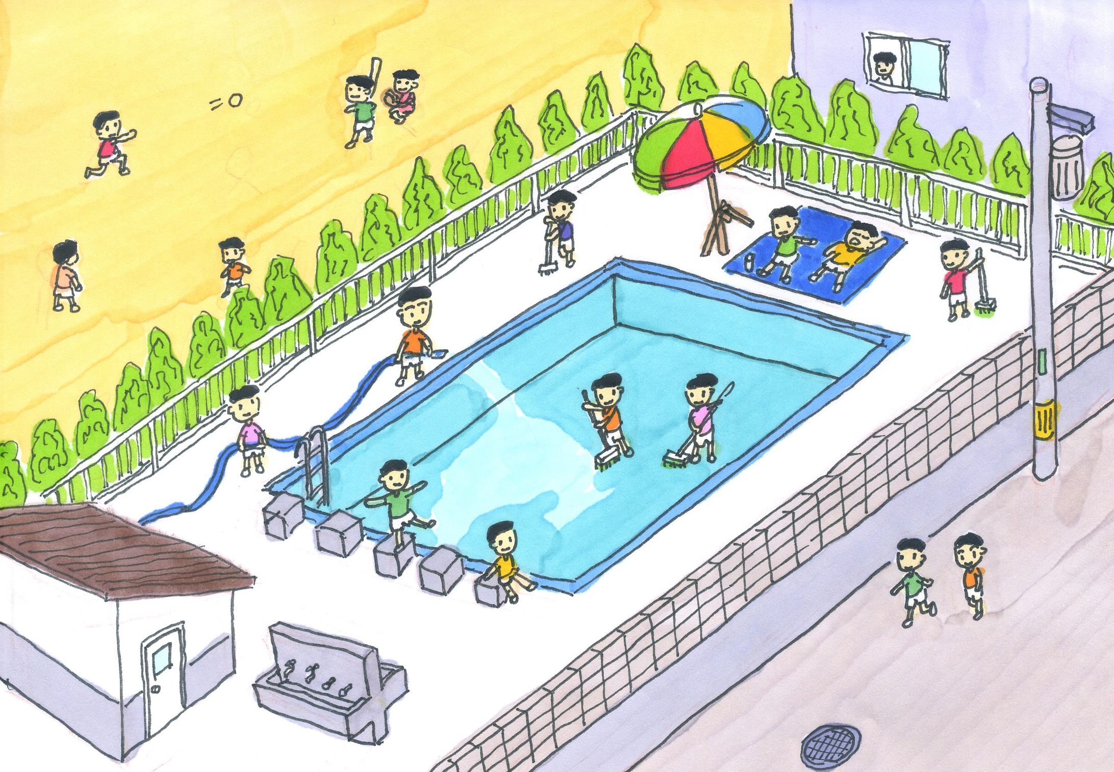 プール開き準備をする少年たち-1