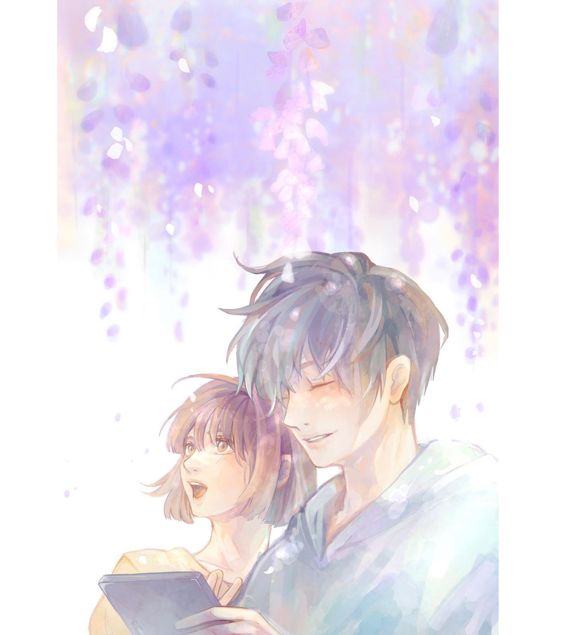 .
紫の世界でキミと
　
　
　
　
毎年、近くの名所で藤の花をみる。数年前一緒にきてから、この季節を楽しみにしているキミ。

「ね、ちゃんと撮っといてね！」

「もちろん。任せといてよ。」

　
スマホの写真フォルダに藤の花をおさめていく。
キミの楽しそうに輝く瞳と共に。

来年もまた、変わらず隣で見れますように。
　
　

　
　
　
　
　

　

#illustration #illustgram #イラスト #illust #絵 #デジタルアート #art #その瞬間に物語を  #創作 #オリジナルイラスト  #淡い色合いが好き  #光 #期待 #笑顔 #優しい　#ホッとする瞬間　#花 #今この瞬間　#紫　#藤　#藤の花　#写真 #春　#二人で
#Procreate #boy #girl-1