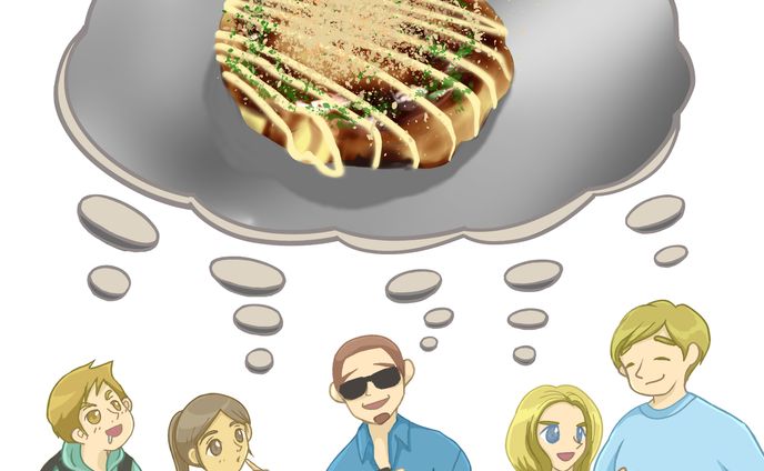 お好み焼きを食べたい外国人旅行客のイラスト