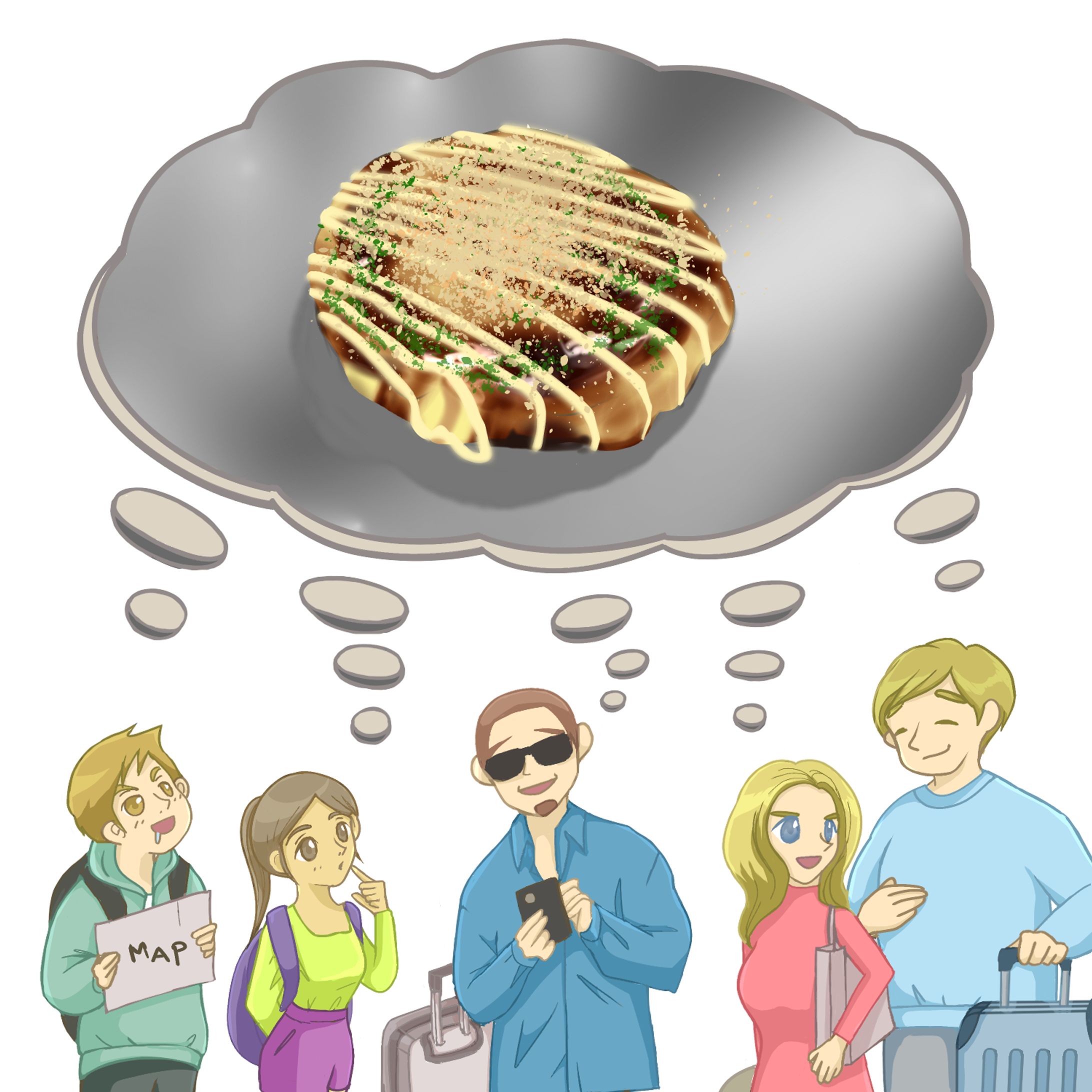 お好み焼きを食べたい外国人旅行客のイラスト-1