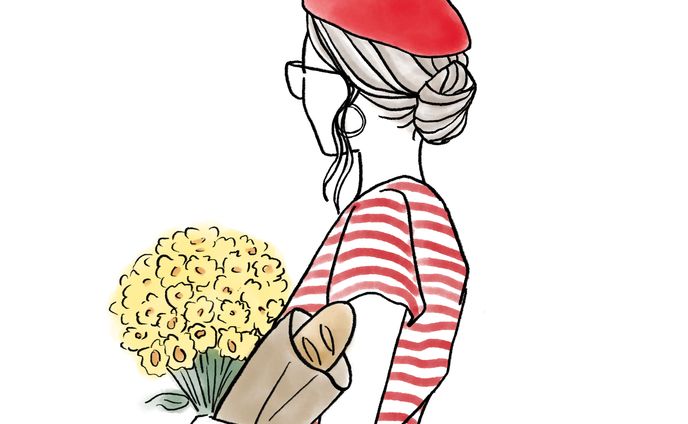 花を持った女性　線画と水彩カラー