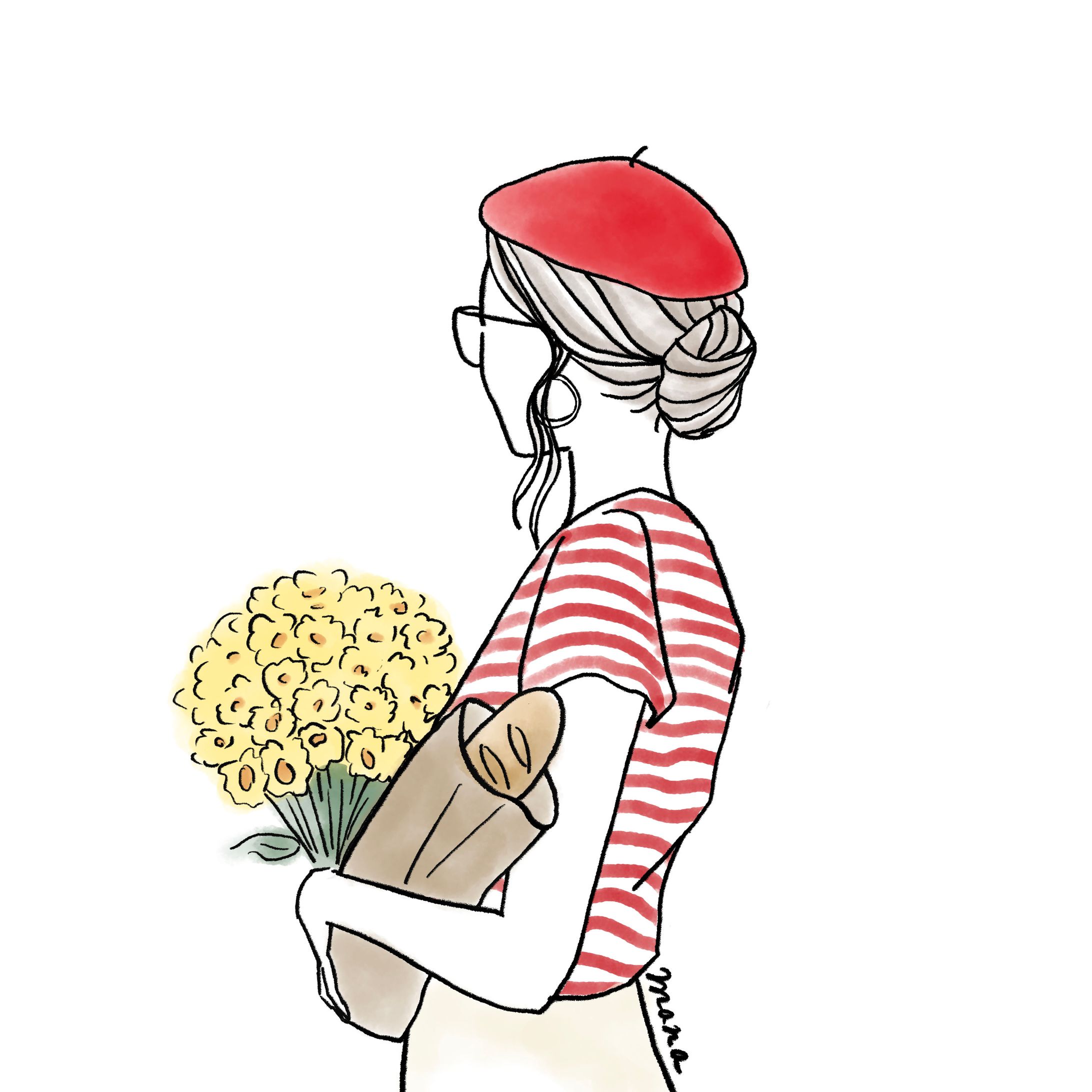 花を持った女性　線画と水彩カラー-1