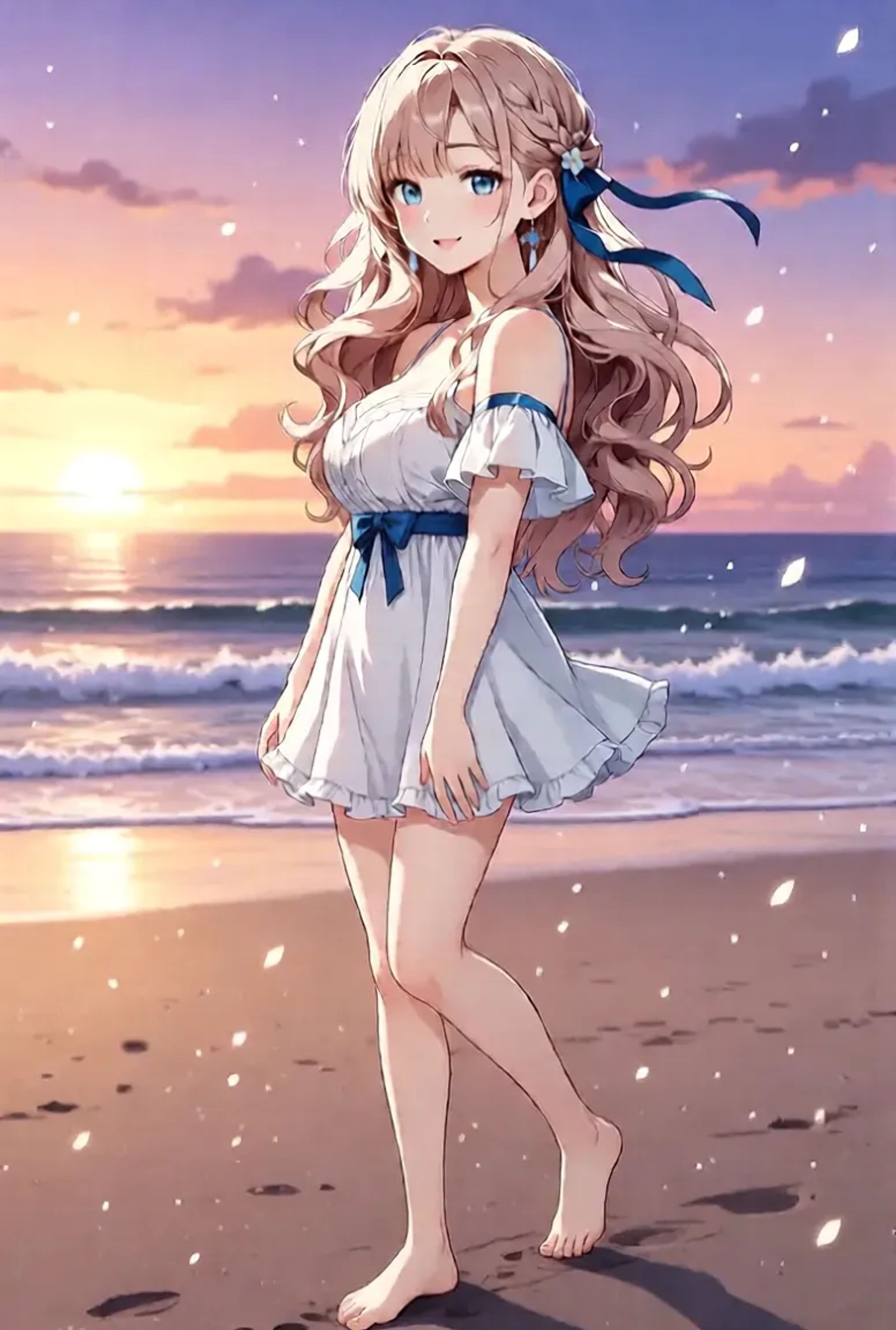 夕暮れの浜辺に佇む少女 – AIキャラクターアート-1
