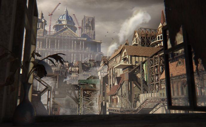 煙と建設の街並み