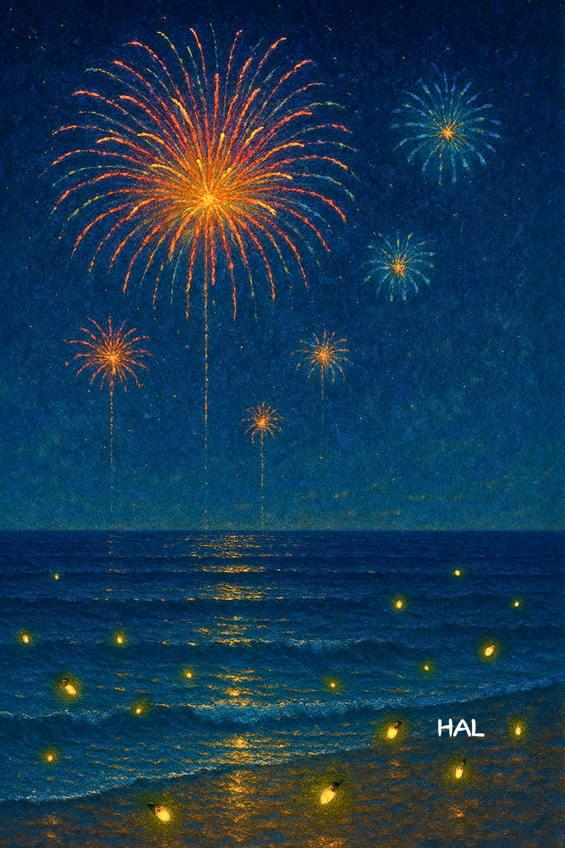 「夏夜の煌めき、海辺の光」-1