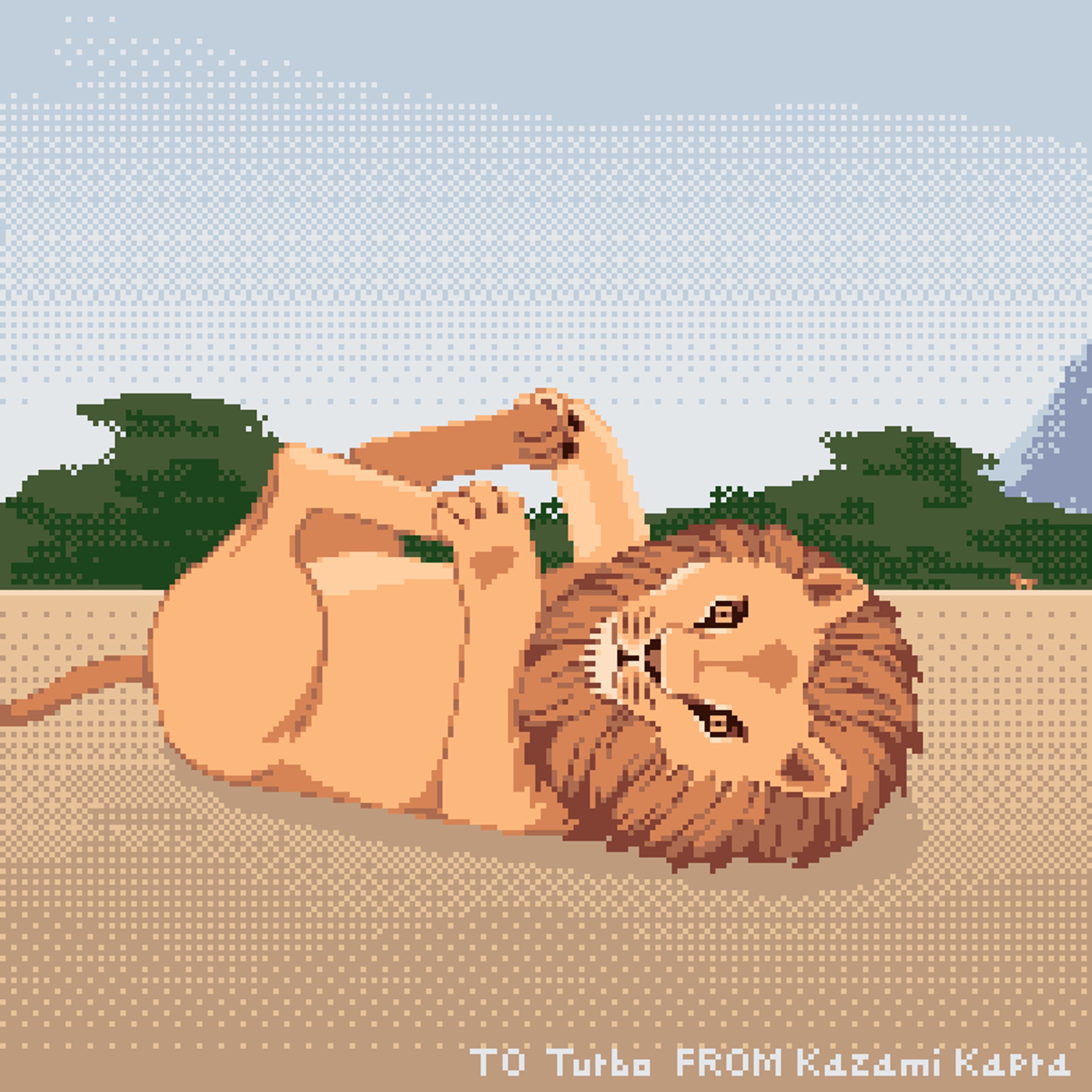 ドット絵　仰向けに寝ているライオン-1