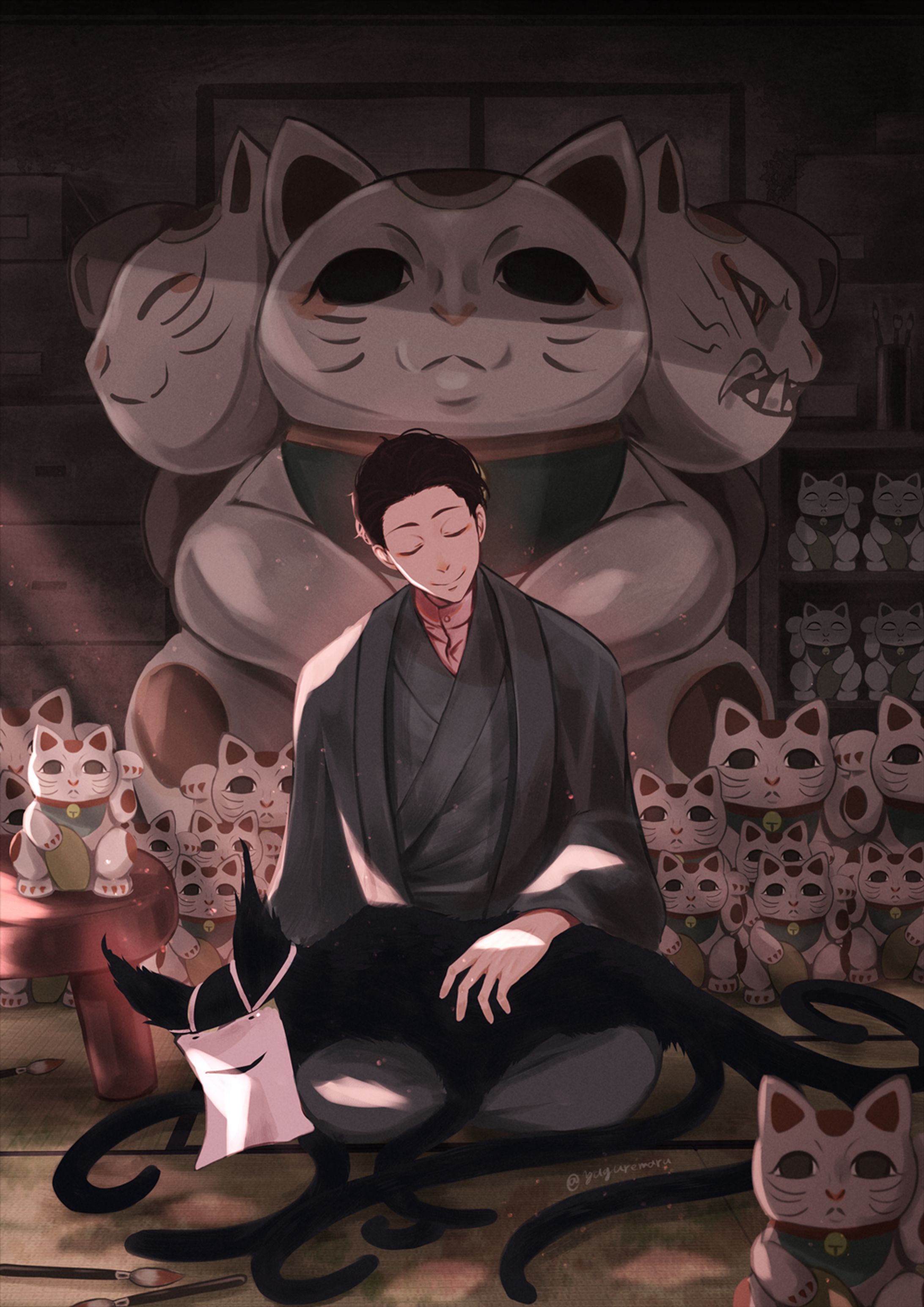 和風男性と招き猫-1