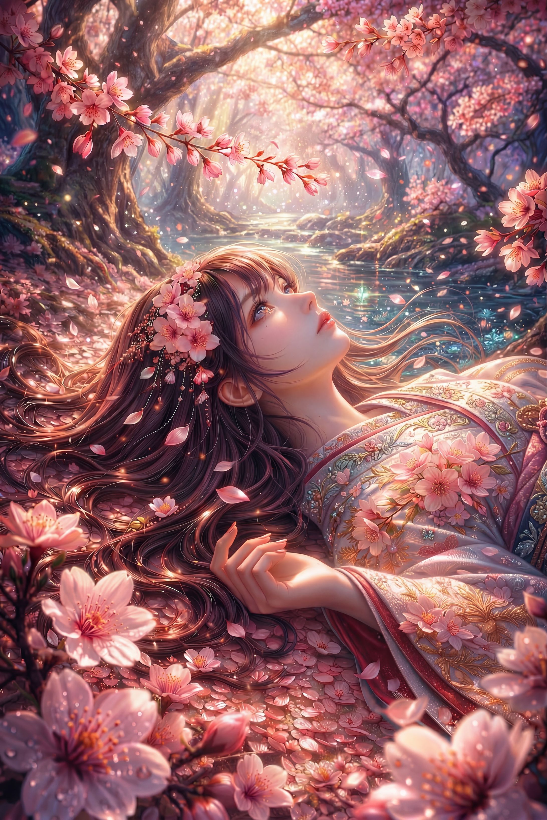桜に包まれた女性イラスト-1