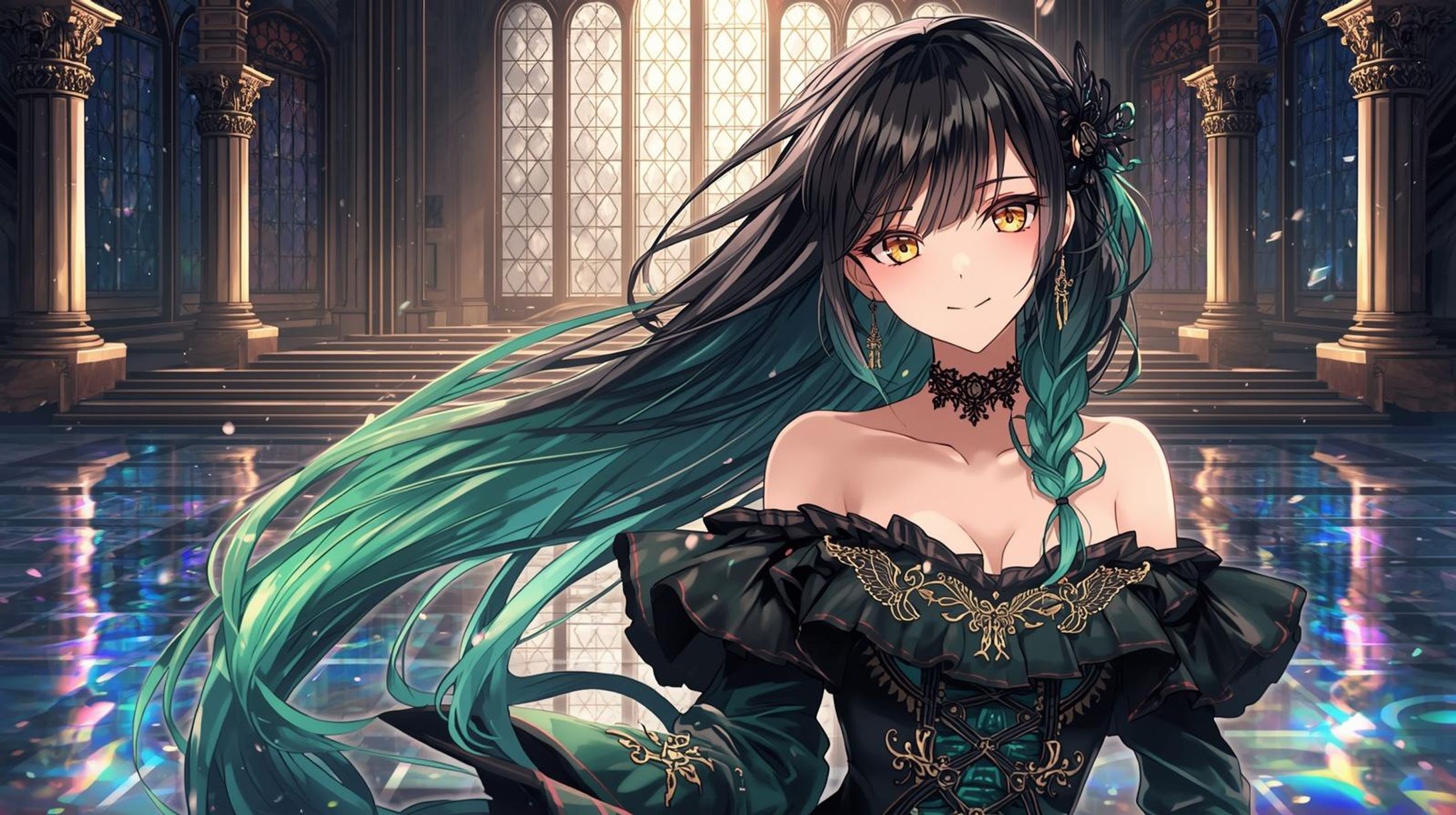 黒から緑に変わる髪のグラデーションの美女-1