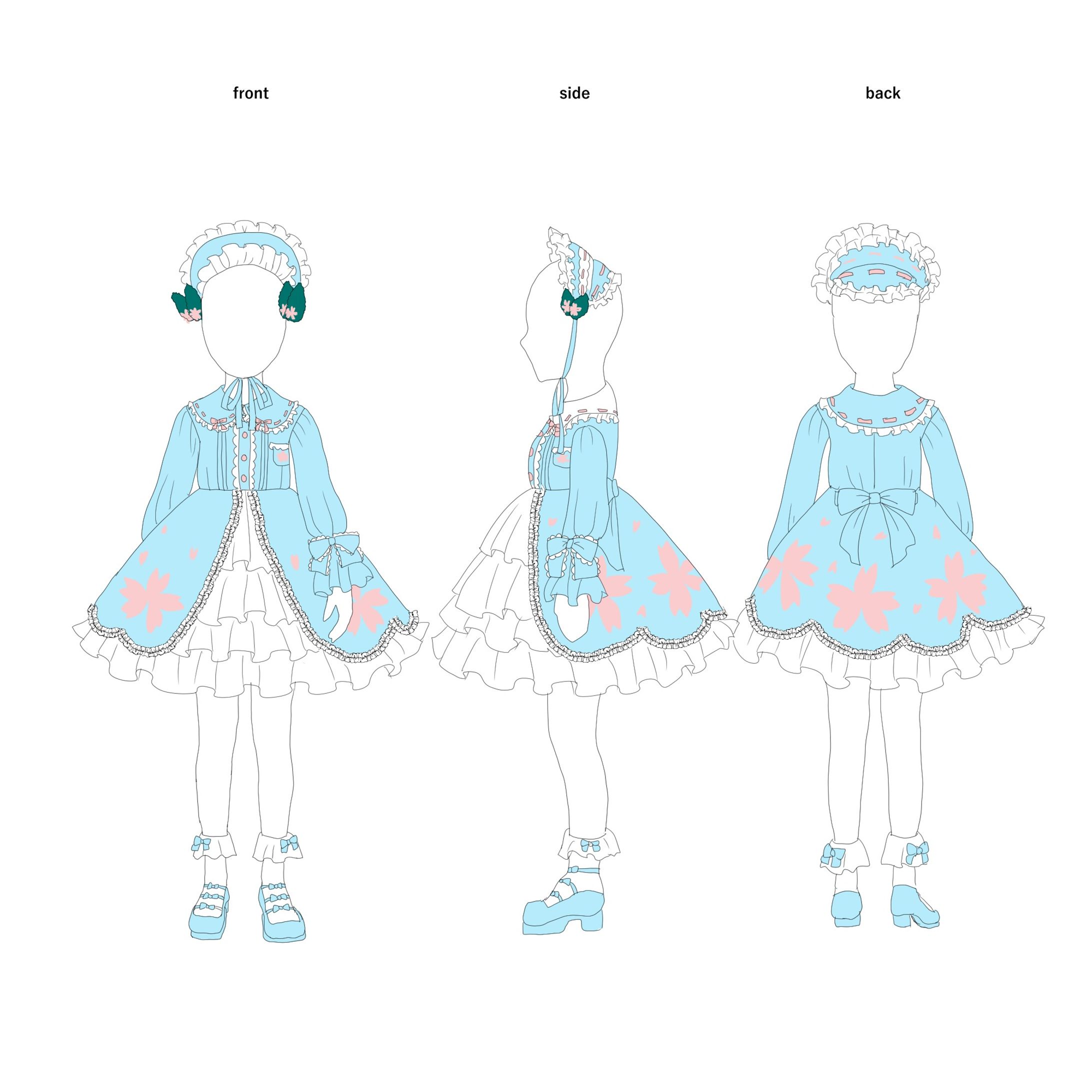 水色、桜、葉っぱモチーフケモミミうちのこちゃん甘ロリ衣装-1