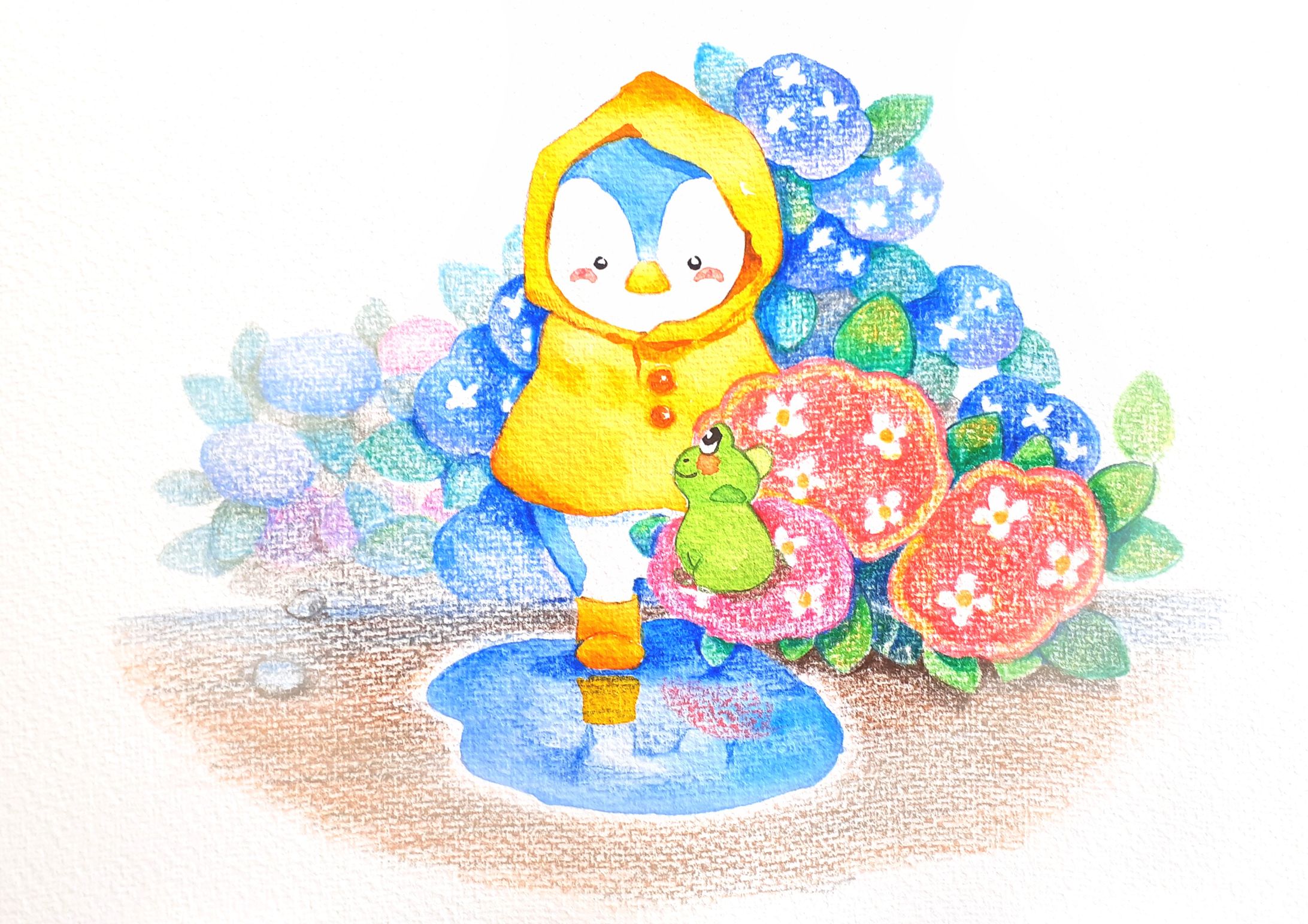 ペンギンとカエルの梅雨のイラスト-1