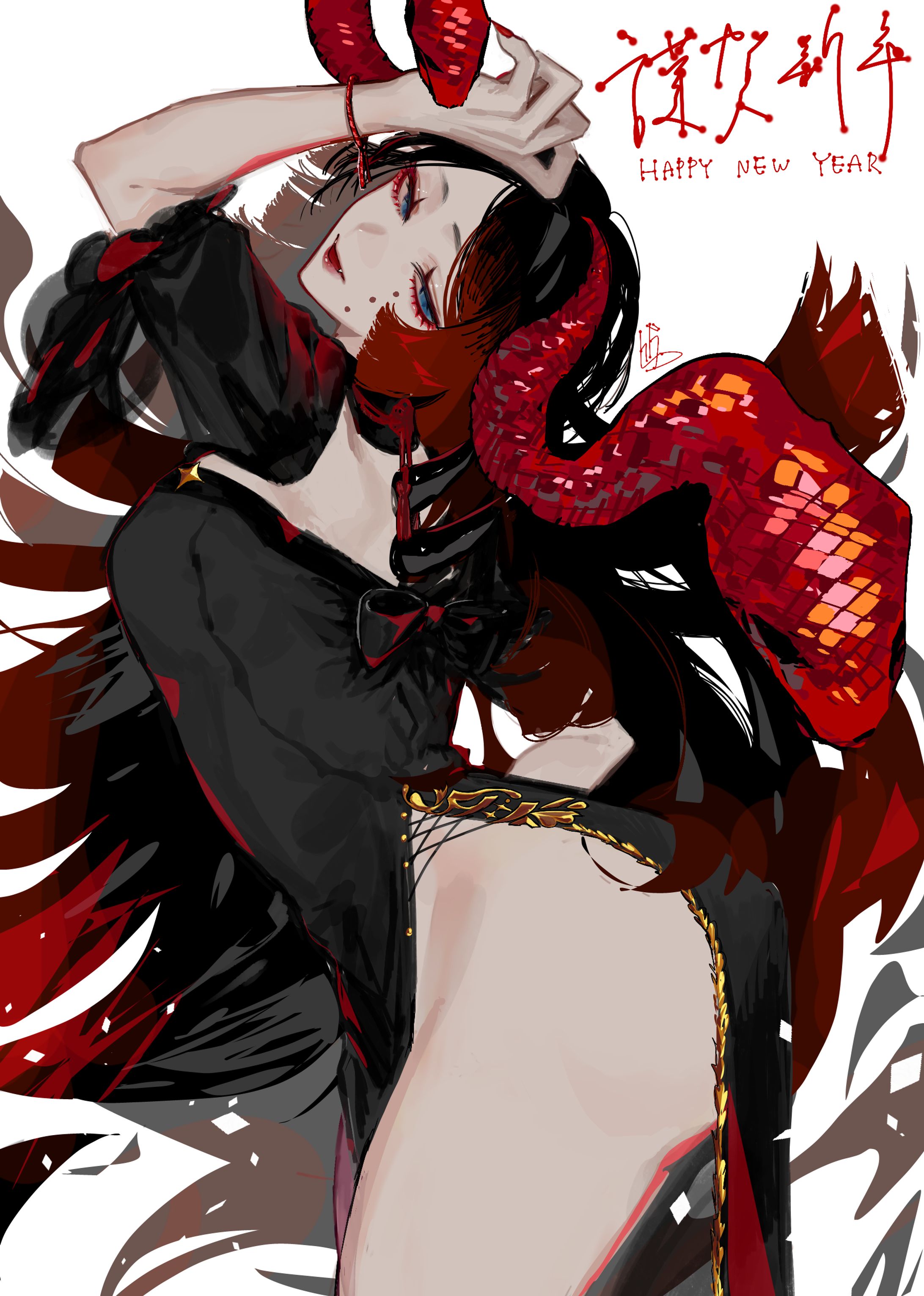 年末年始近くのイラスト(黒、赤中心)-1