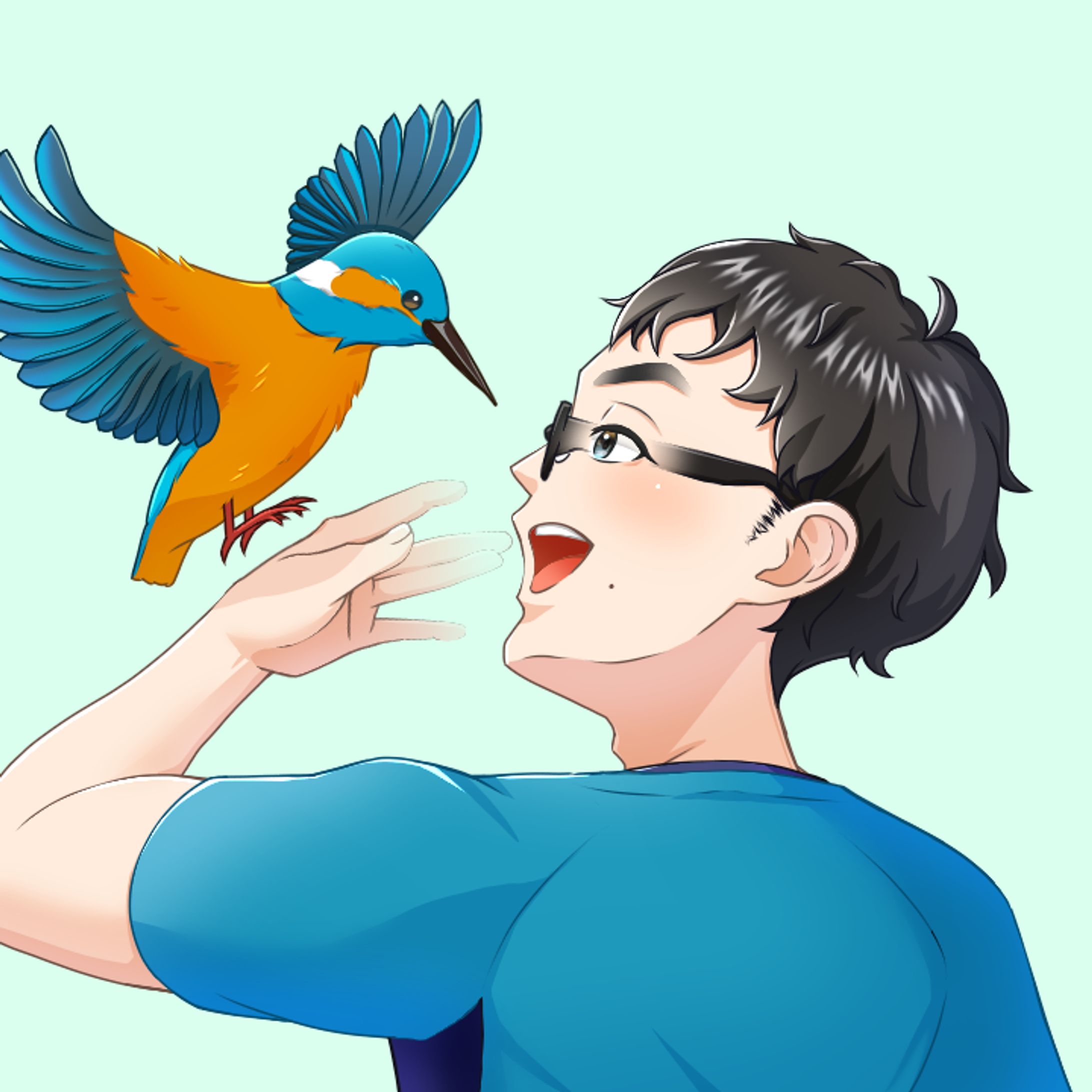 【似顔絵】男性とカワセミ-1