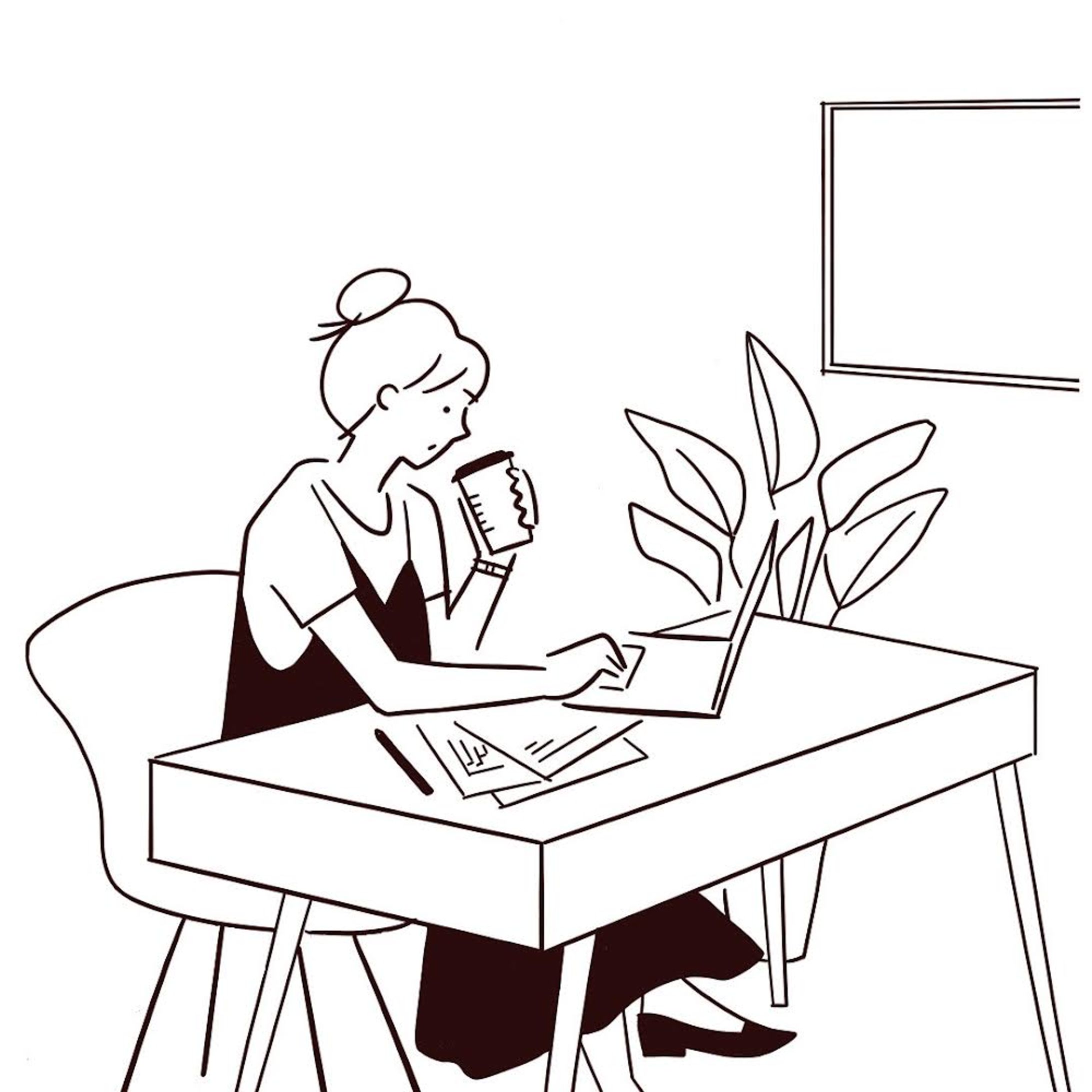 コーヒーを飲みながら仕事する女性-1