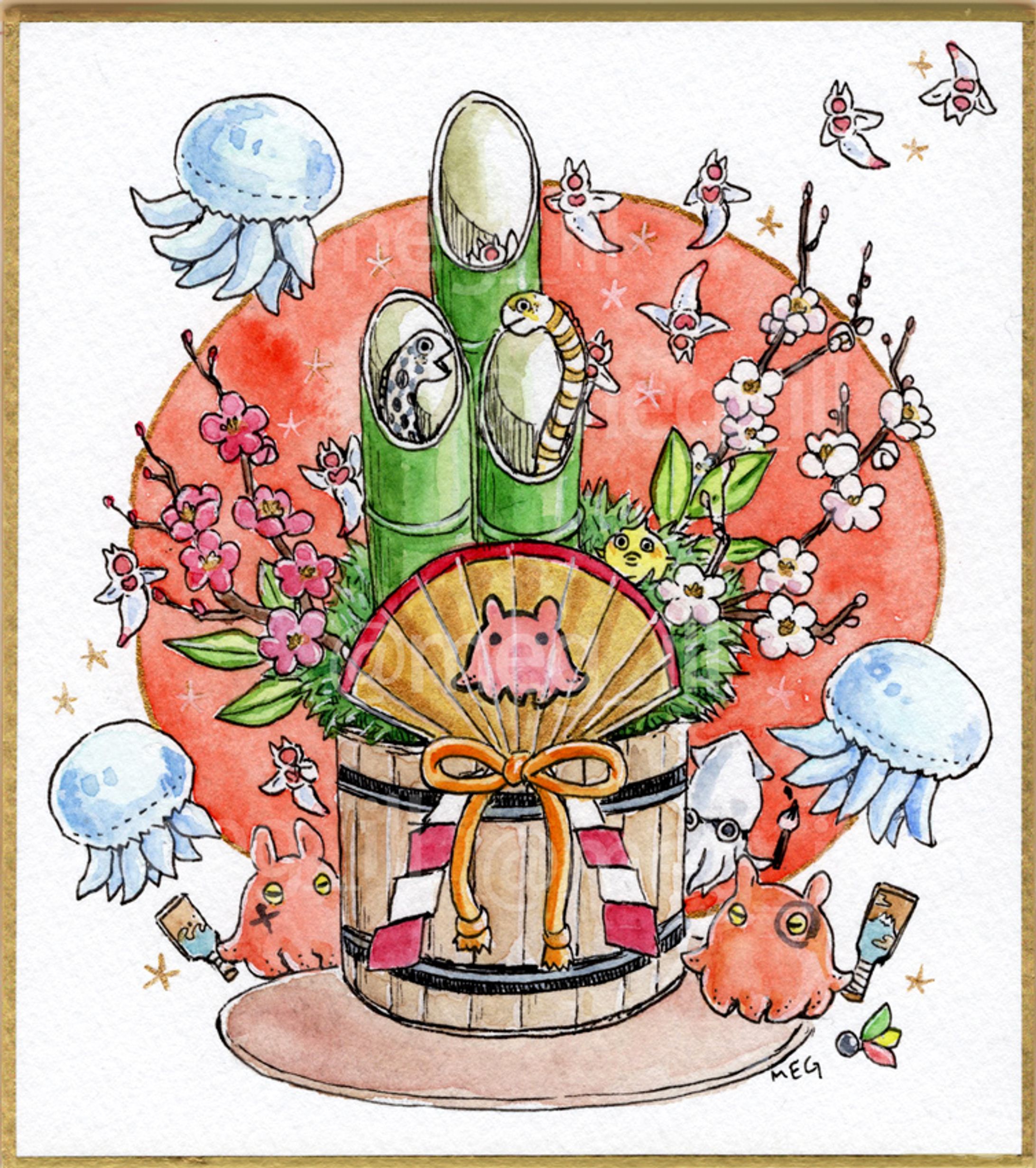 門松とメンダコたちの羽根つき-1