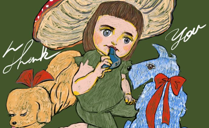 マッシュルーム帽子を被る少女と犬達