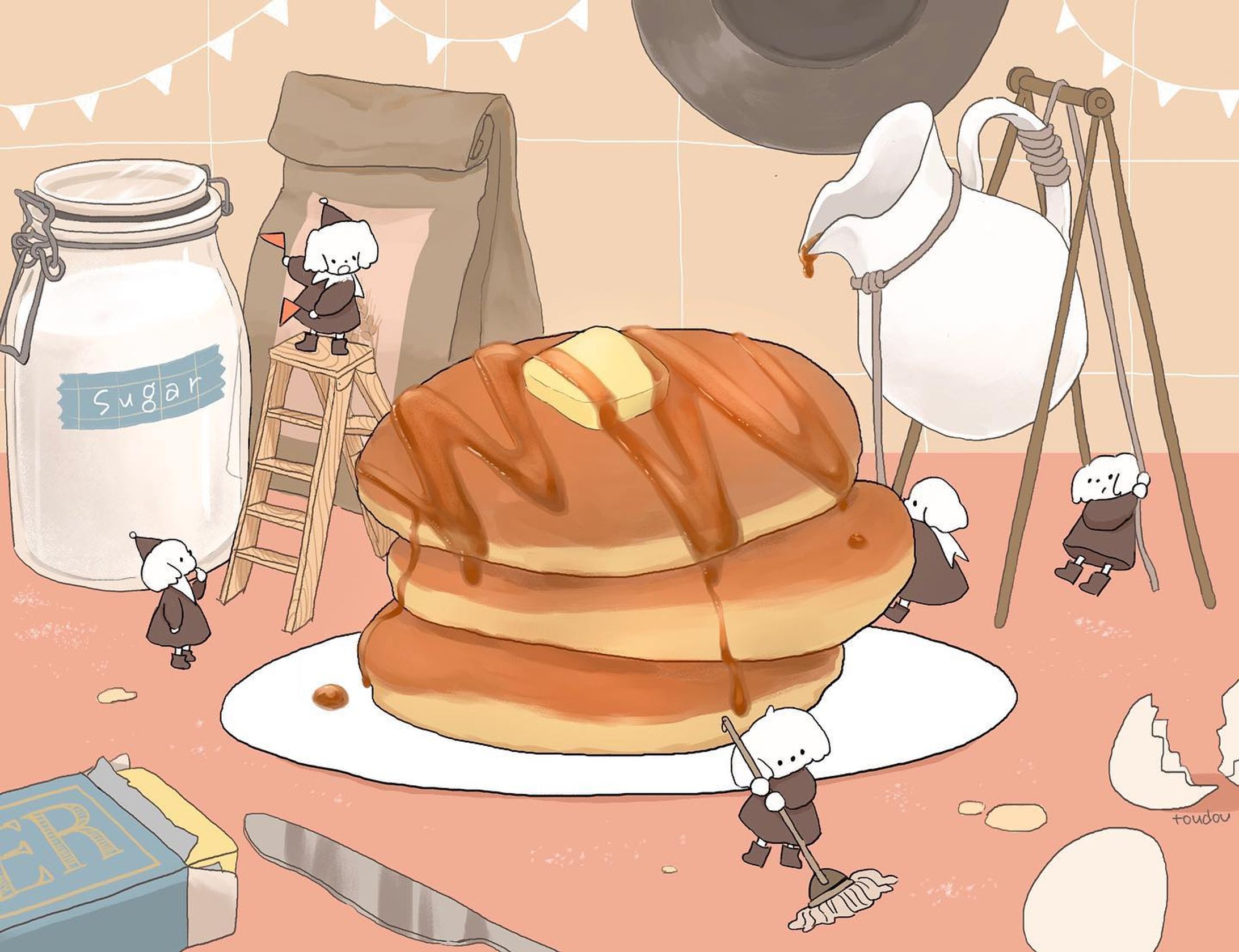 🥞！

シロップもっとかけてー！

#illustration #いらすとぐらむ 
#ホットケーキ #おかし作り 
#イラスト好きな人と繋がりたい 
#illustrator-1
