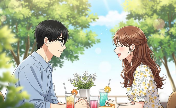 森の中のカフェでデートを楽しむカップルのイラスト