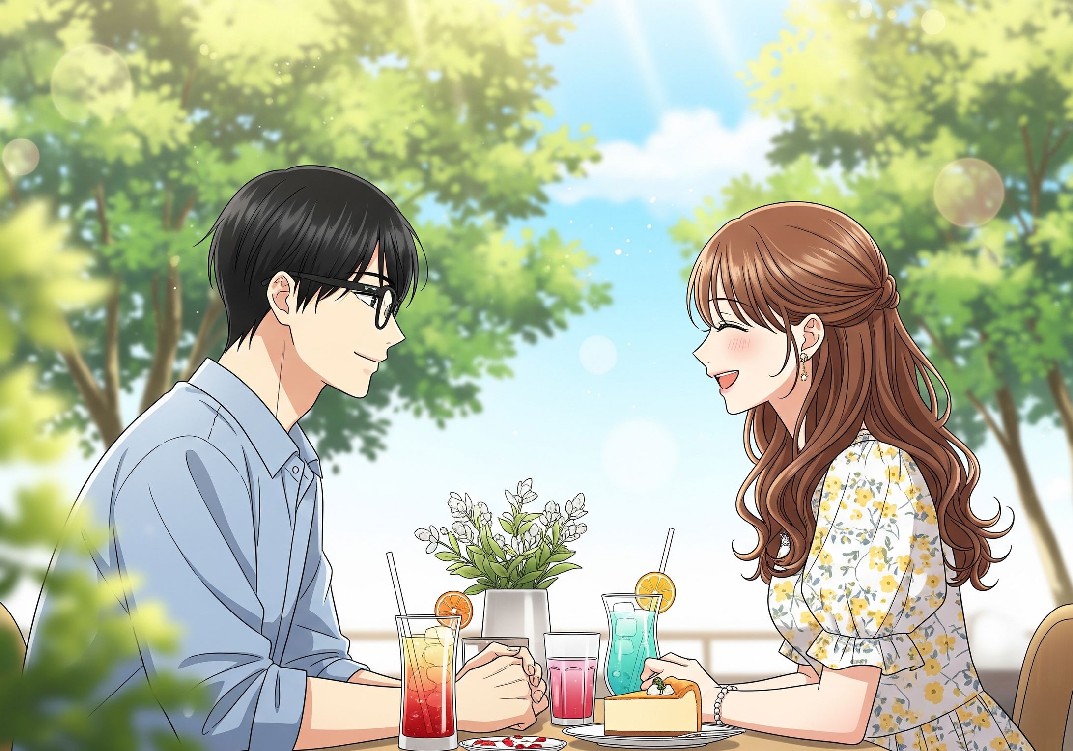 森の中のカフェでデートを楽しむカップルのイラスト-1