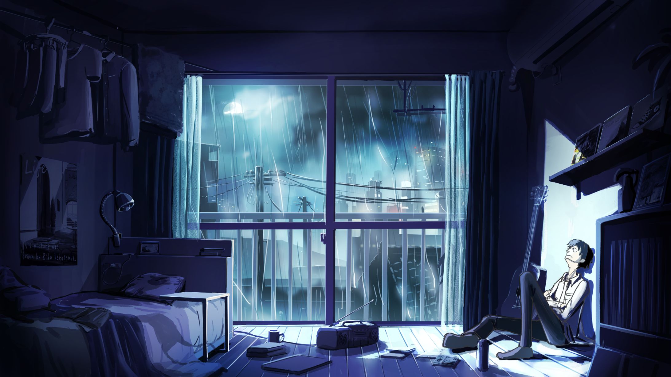 お部屋のインテリアにキレイな版画「雨の街角」 生活感のある部屋と雨の夜