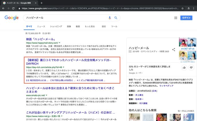 SEO『ハッピーメール』1位（検索ボリューム1,830,000）