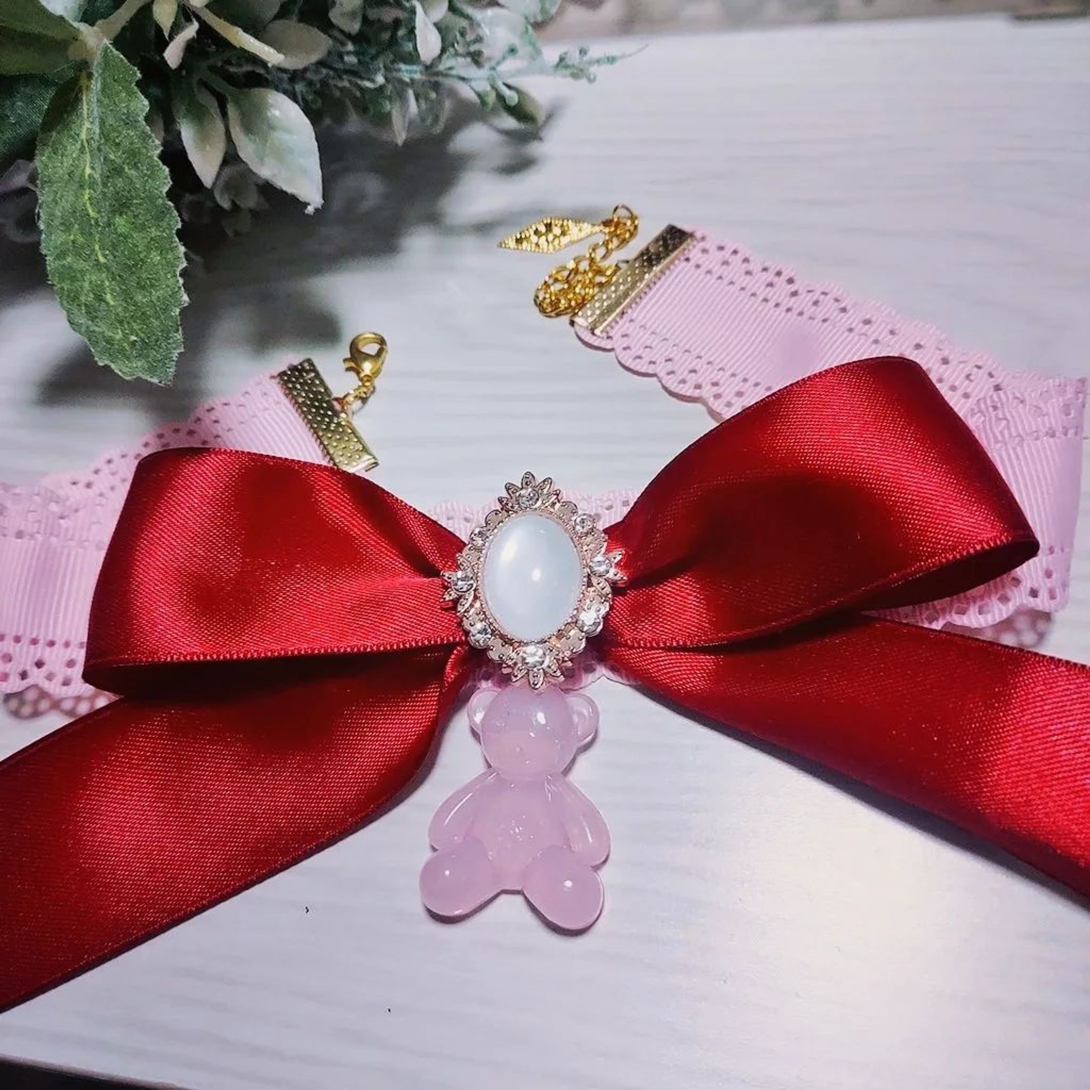 🎀ビジューとくまちゃんの真っ赤なリボンチョーカー🧸こちらもオーダー品で制作しました🎀-1