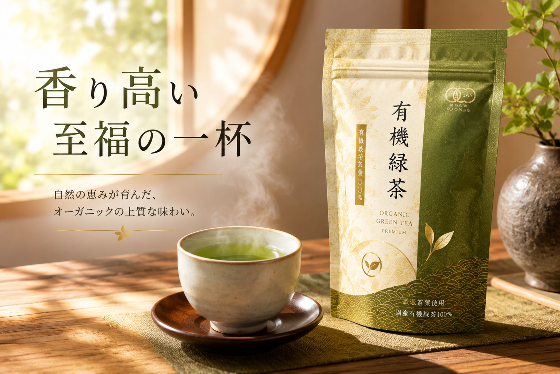 香り高い至福の一杯｜オーガニック高級緑茶 広告ビジュアル-1