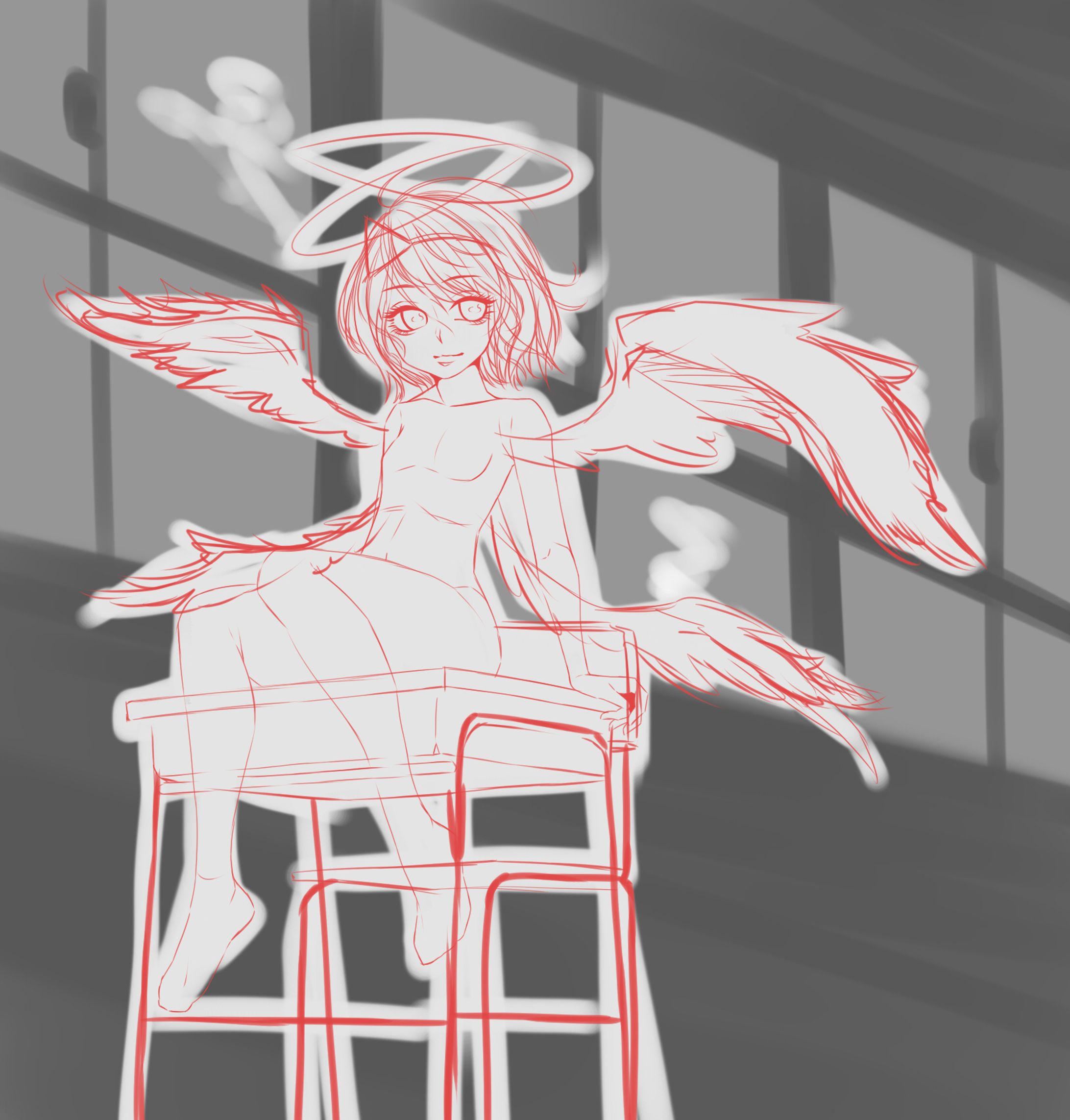 進行中の創作絵のラフ（2枚）-1