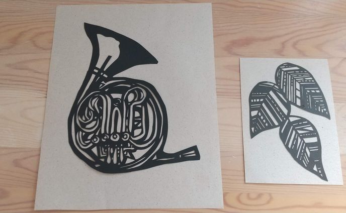 切り絵　ホルン・葉っぱ・バラ