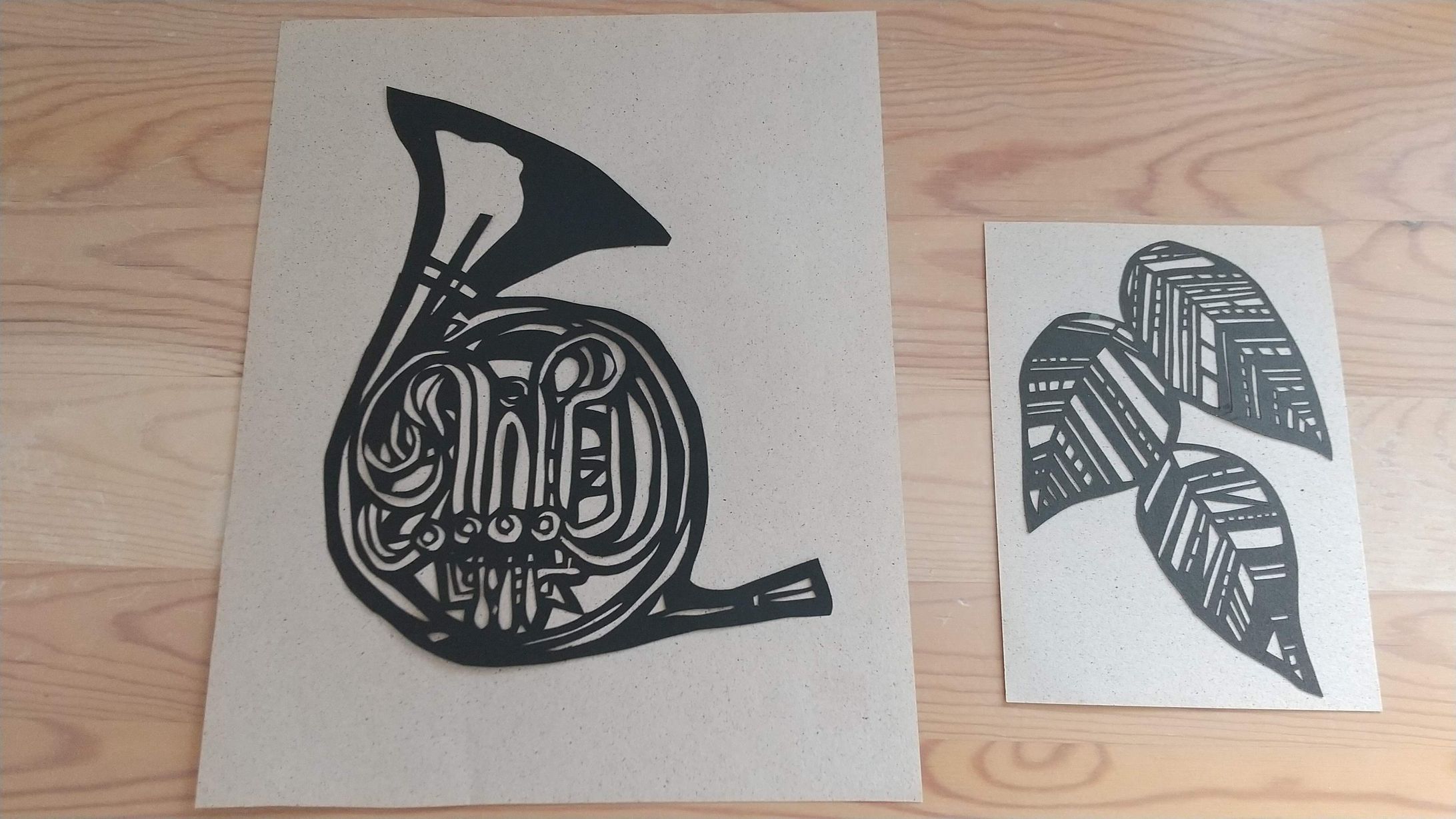 切り絵　ホルン・葉っぱ・バラ-1