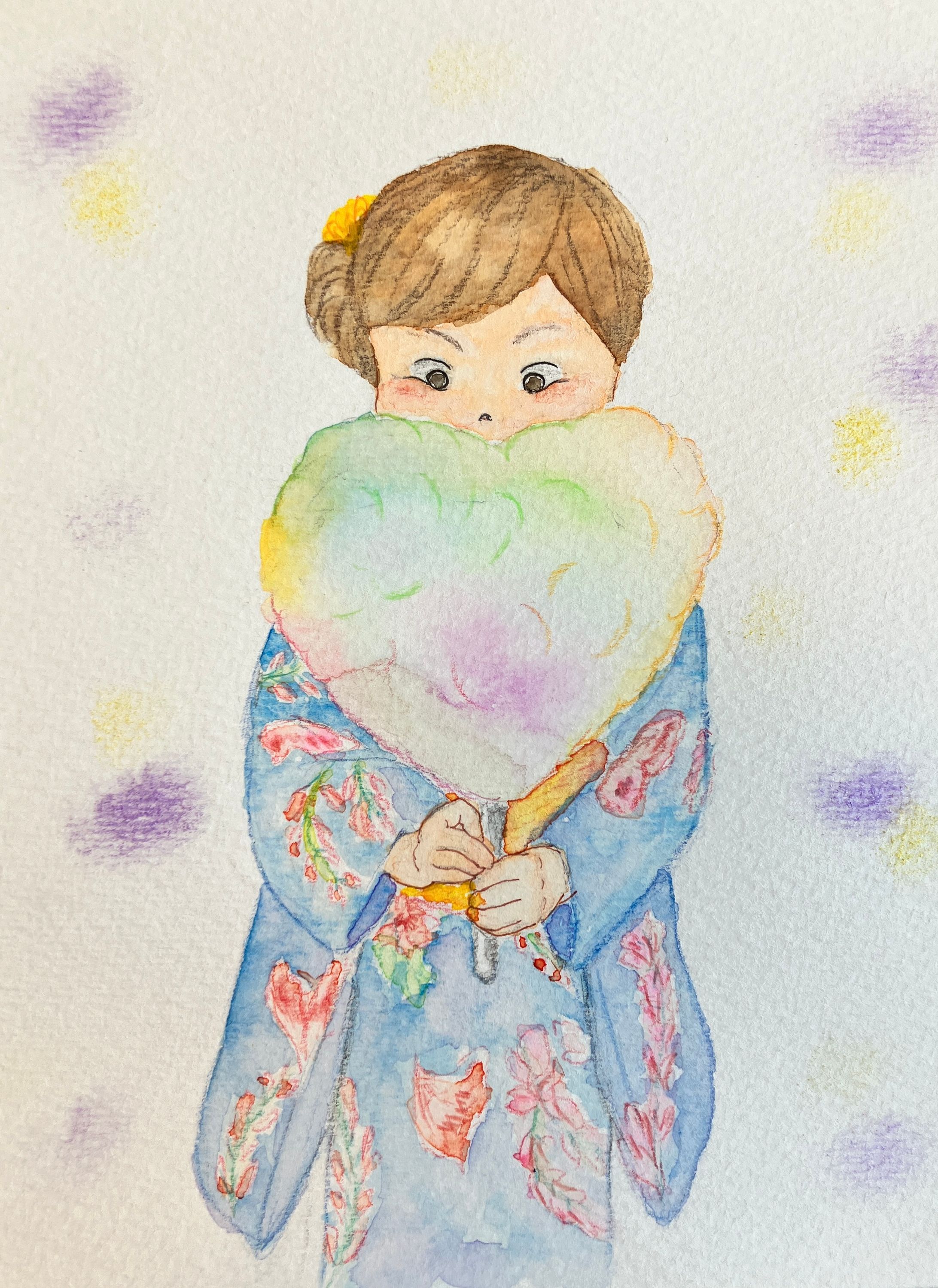 水彩　夏祭り　ふわふわわたあめ-1