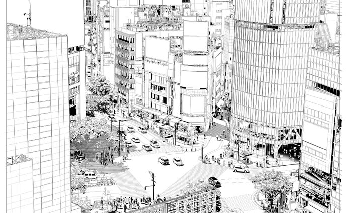 スクランブル交差点線画　書籍用制作