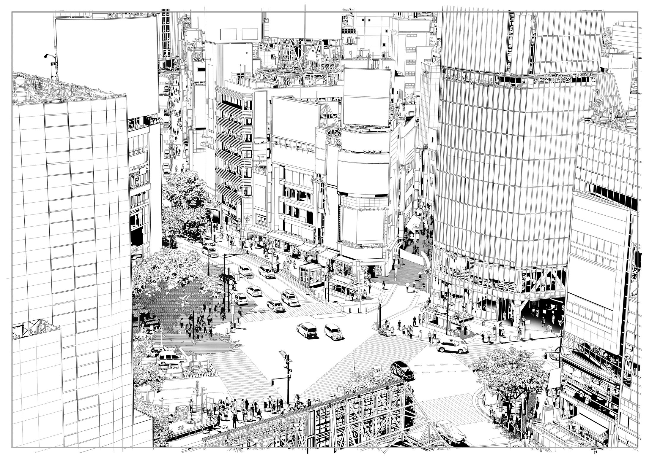 スクランブル交差点線画　書籍用制作-1