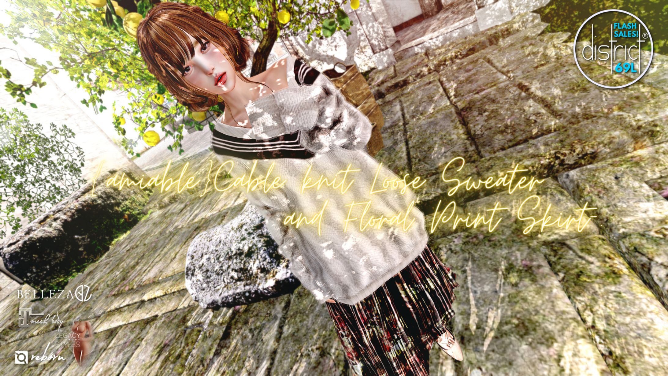 {amiable}Oversized Cable knit Loose Top&Floral print Maxi Skirt@DISTRICT69.-1