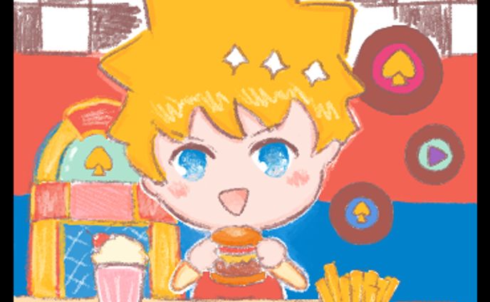 Cheerful boy eating a hamburger at a diner.