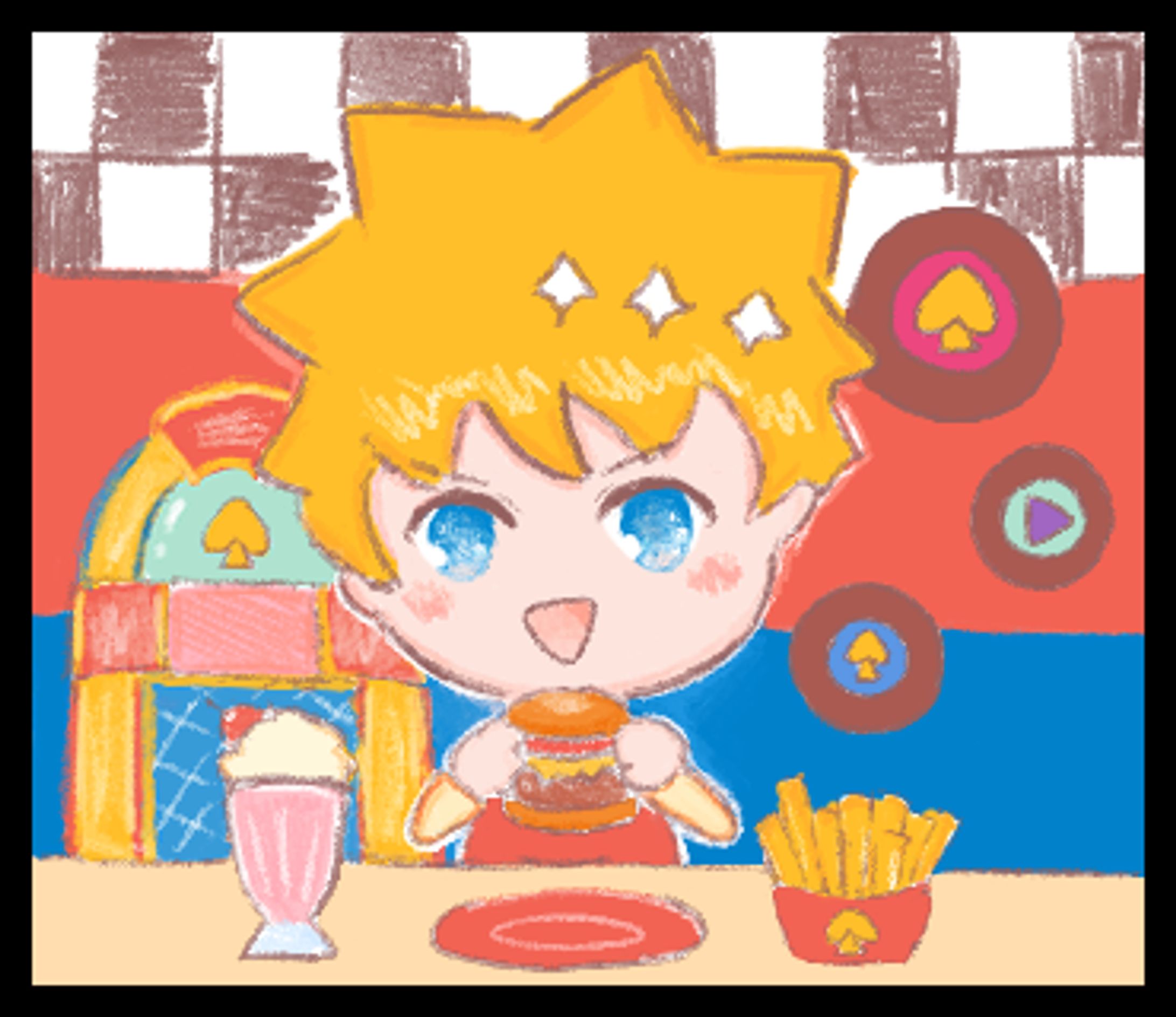 Cheerful boy eating a hamburger at a diner.-1