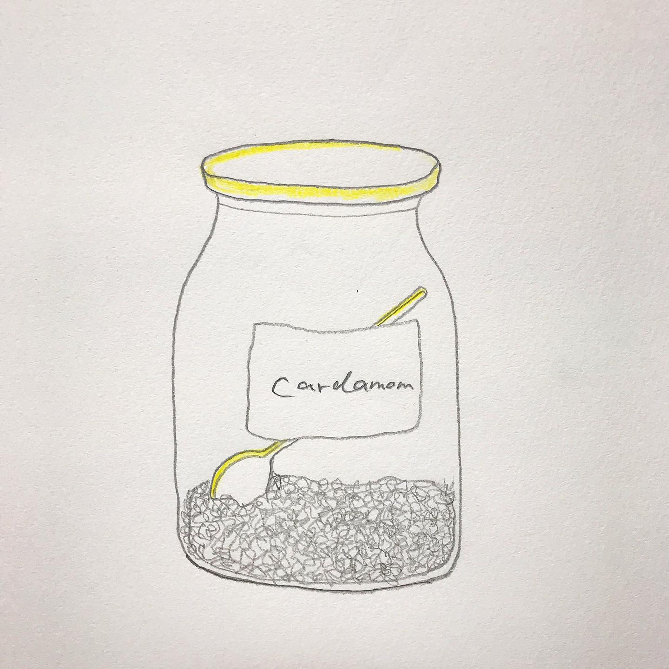 #cardamom #jar #spice #spiceoflife #illustration #kitchen #spoon #smell #chai #india #カルダモン #瓶 #ガラス瓶 #スパイス #ハーブ #スプーン #キッチン #チャイ #インド-1